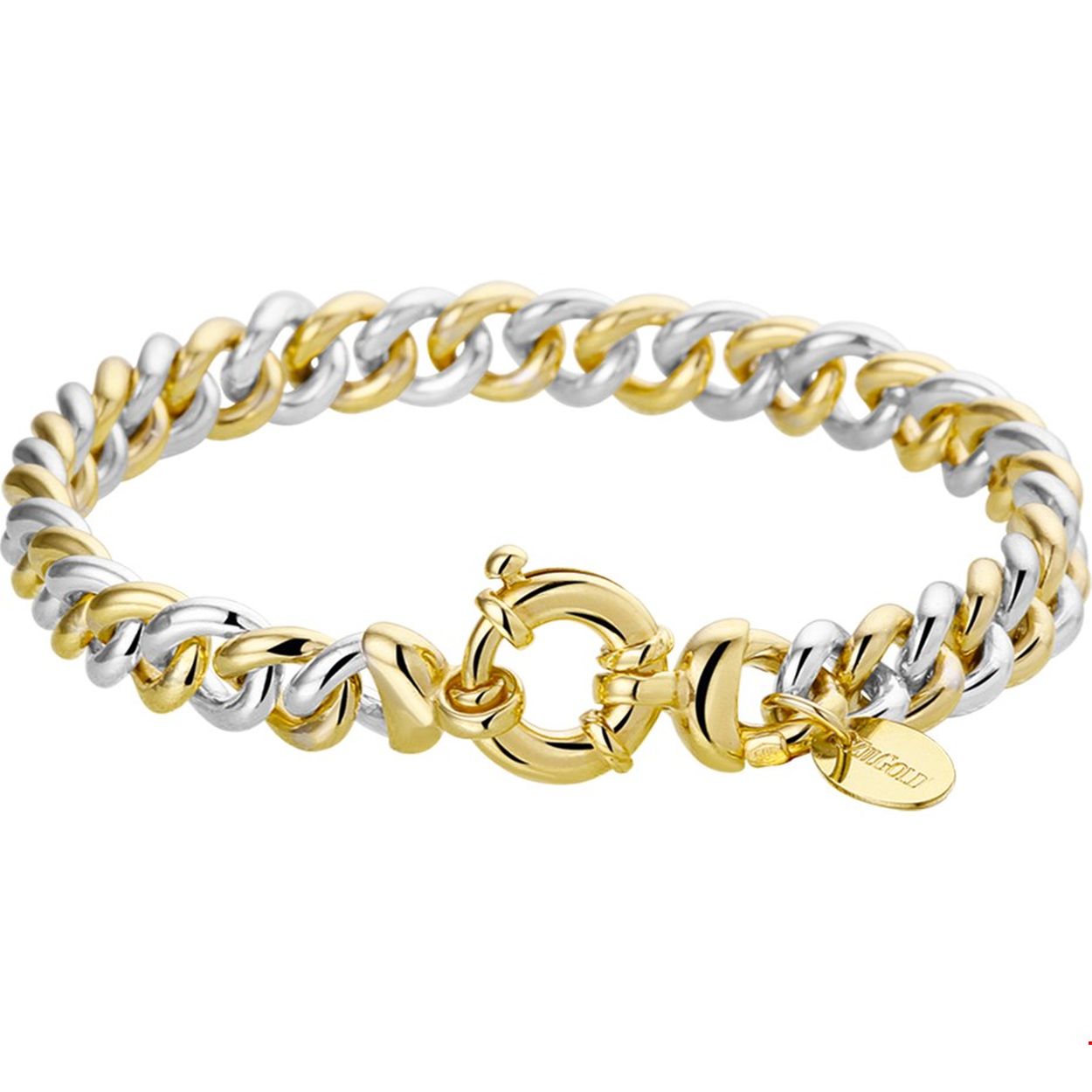 SilGold 14 karaat goud met daarin een kern van 925 zilver. Tricolor Geel- rood- en witgouden armband met gourmette schakel met een schakelbreedte van 7,5 mm en een totale lengte van 20.5cm. Met groot springslot.