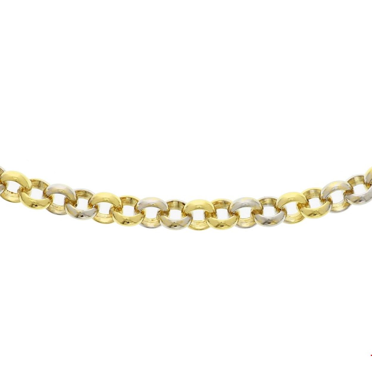 14 karaat geel met witgouden Jassaron collier met daarin een 925 zilveren kern. 45 cm lang met groot springslot. Schakelbreedte is 7.0 mm.