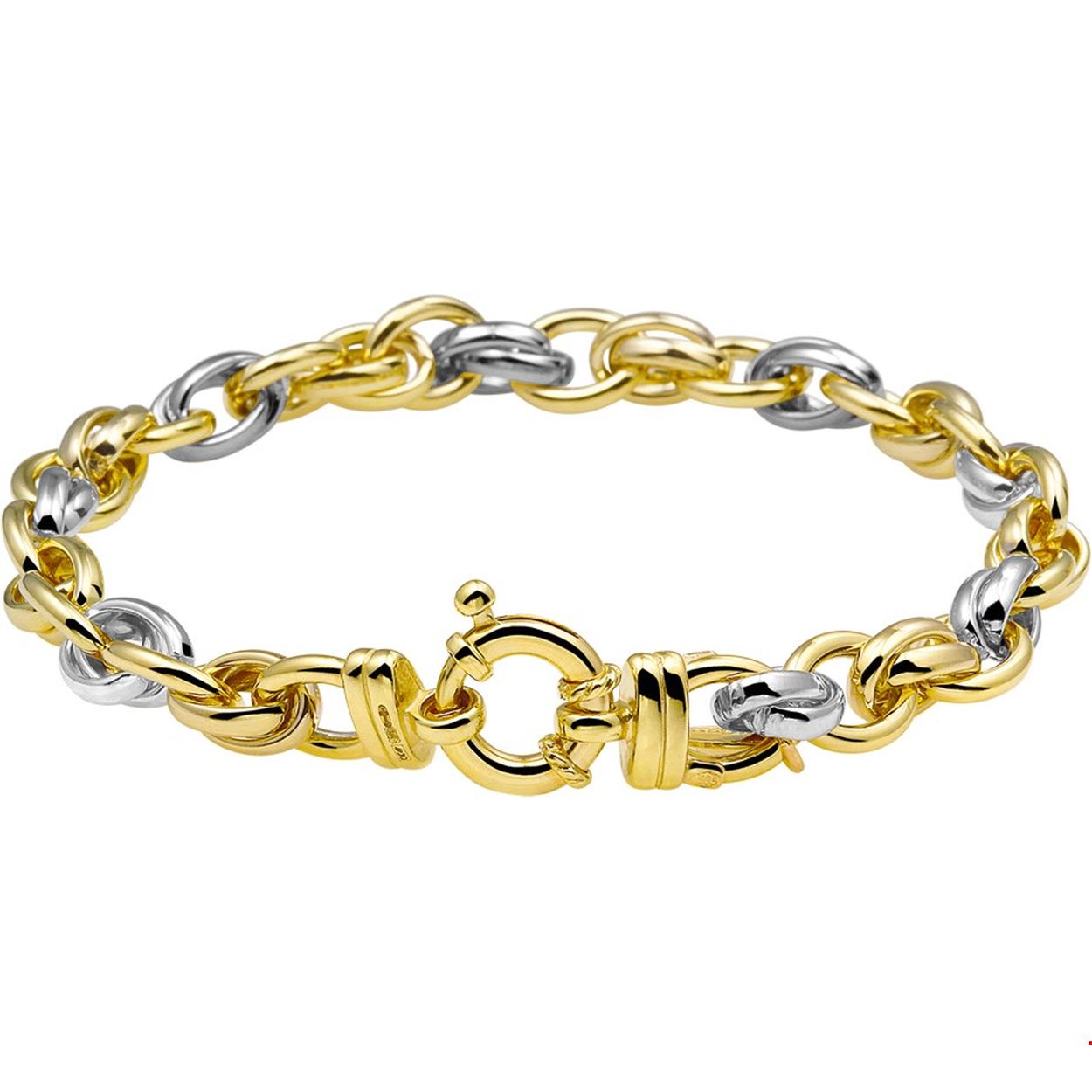 Sieraden van 14 karaat goud met daarin een kern van 925 zilver. Bicolor wit- en geelgouden schakel armband. 
Verpakt per: 1
Doelgroep: dames
Breedte: 8 mm
Langste lengte: 20 mm