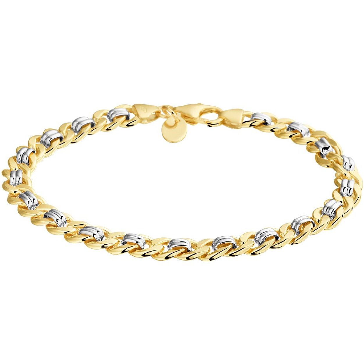Sieraden van 14 karaat goud met daarin een kern van 925 zilver. Bicolor wit- en geelgouden armband met gourmet schakel.