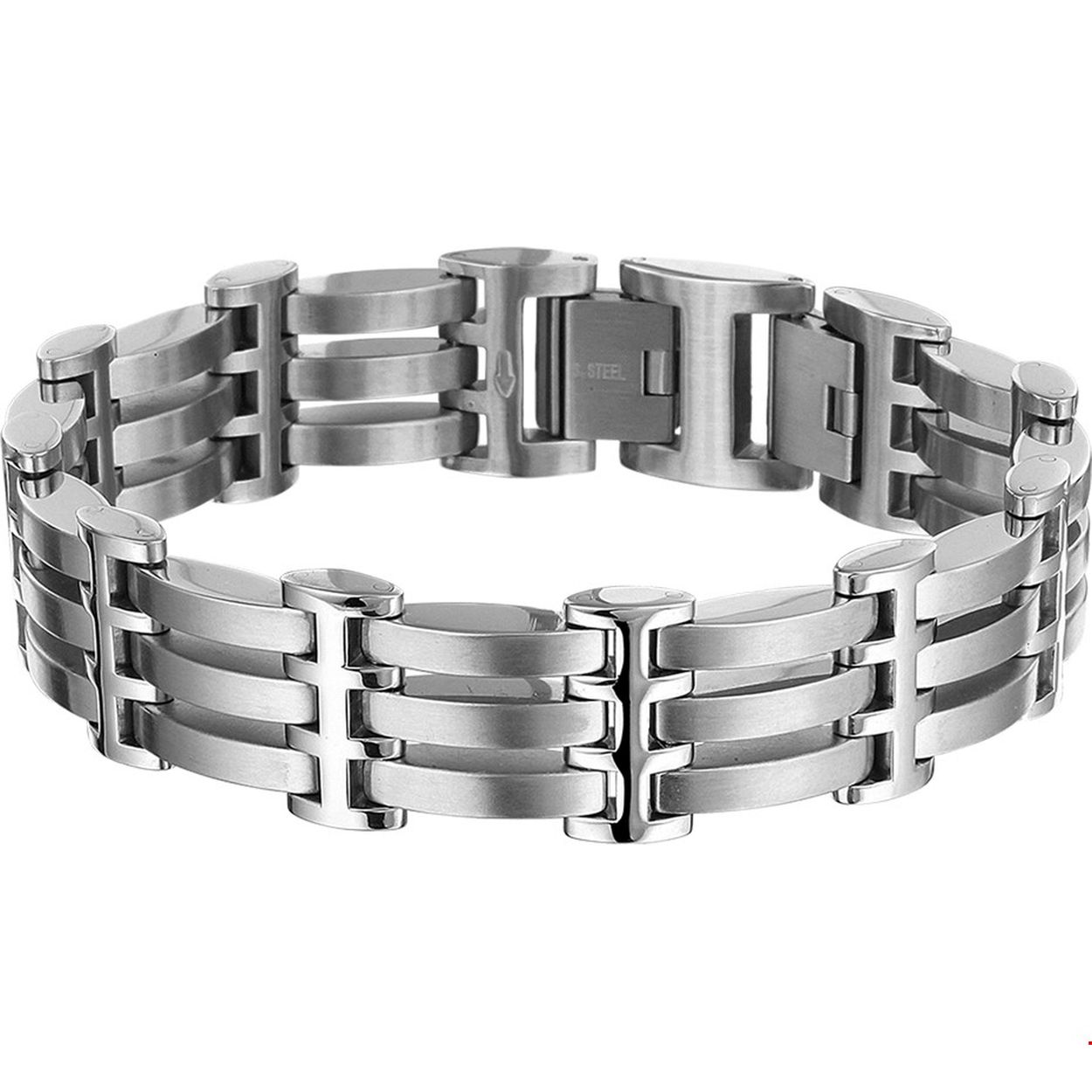 Beschrijving: Stalen armband met een poli/matte afwerking. 
Uniekenummer serie: 27509
Verpakt per: 1
Doelgroep: heren
Breedte: 15.5 mm
Langste lengte: 21 mm