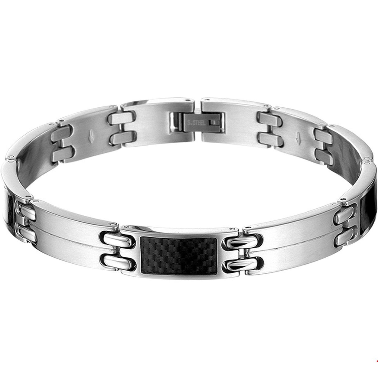 Beschrijving: De moderne man weet dat sieraden allang niet meer alleen voor vrouwen zijn! Draag jouw set casual met een spijkerbroek of met een knipoog bij een wat meer zakelijke look. Details: Stalen armband met zwart carbon. De armband is onderdeel van een set. 
Verpakt per: 1
Doelgroep: heren
Breedte: 9 mm
Langste lengte: 22 mm