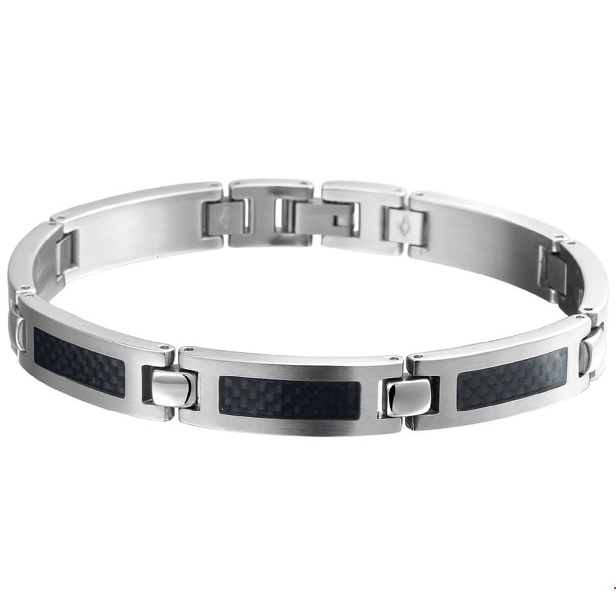 Stalen schakelarmband met carbon voor heren. 

- Breedte: 9 mm
- Langste lengte: 21 mm