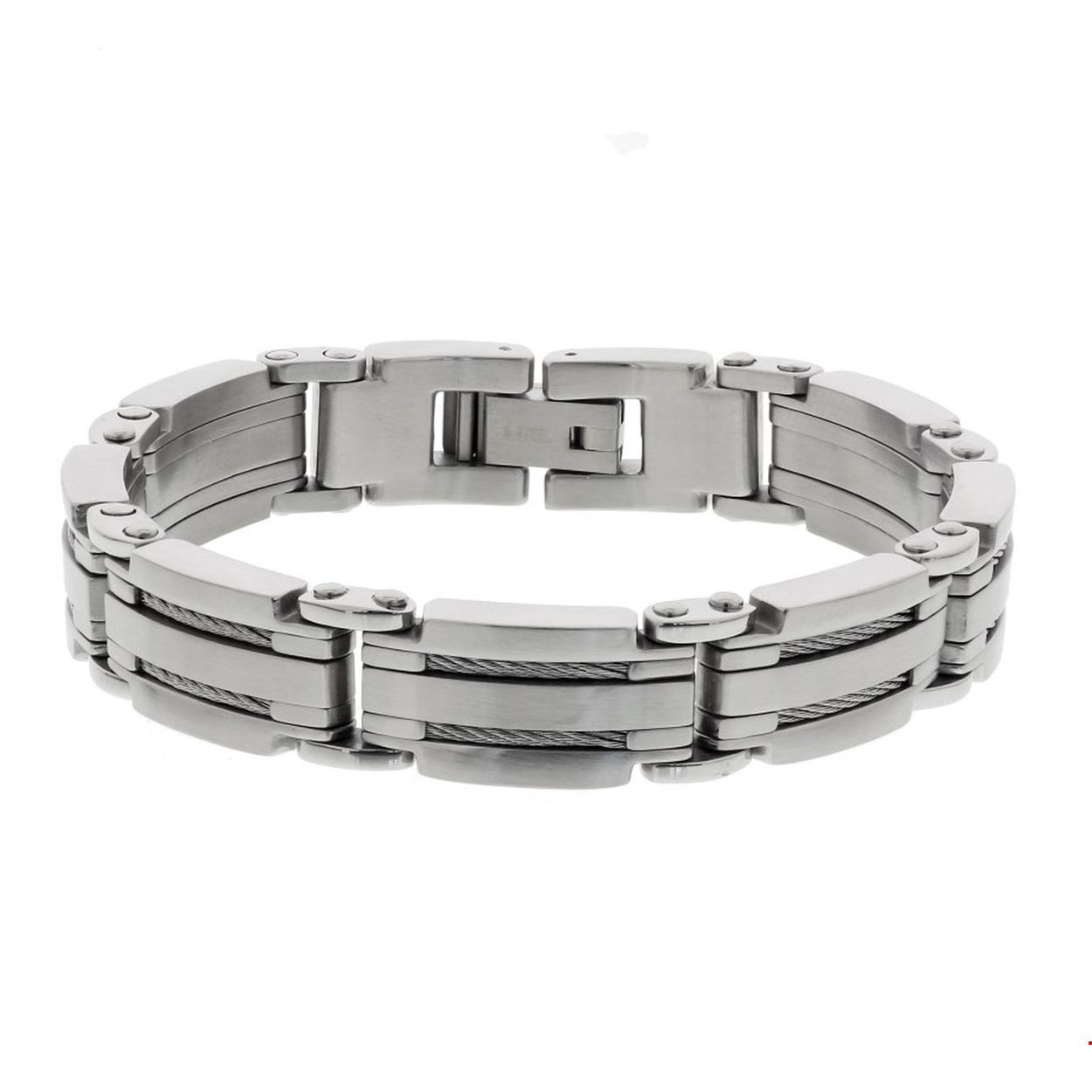Stalen armband met staaldraad en een poli/matte afwerking. 
Doelgroep: heren
Breedte: 14 mm
Langste lengte: 22 mm