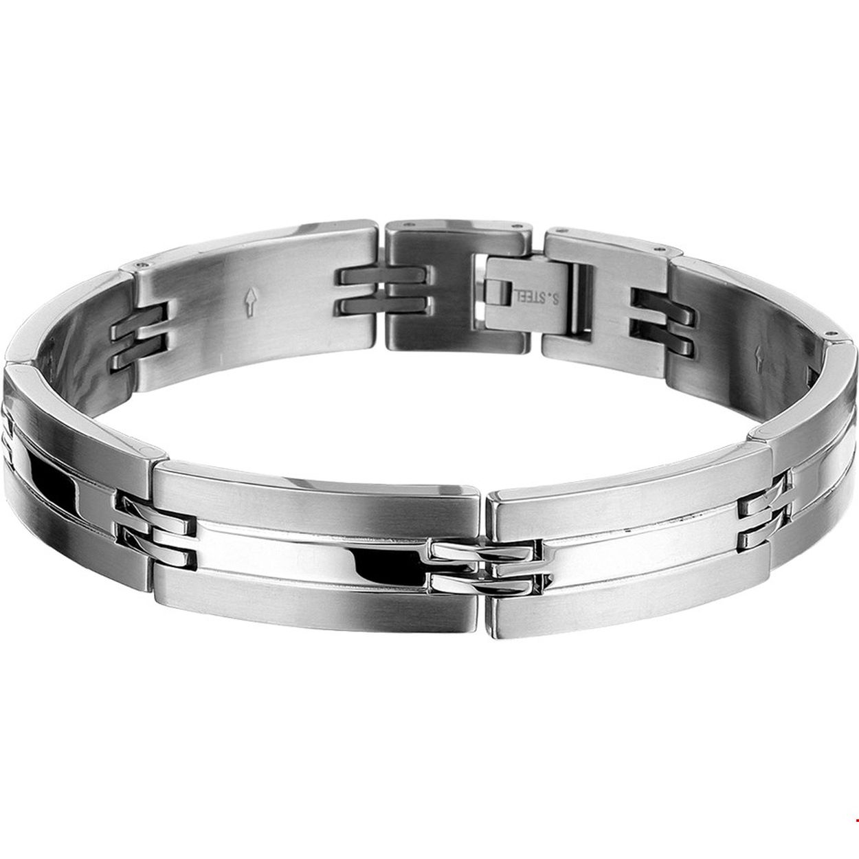 Beschrijving: Stalen armband met een poli/matte afwerking. 
Verpakt per: 1
Doelgroep: heren
Breedte: 12 mm
Langste lengte: 22 mm