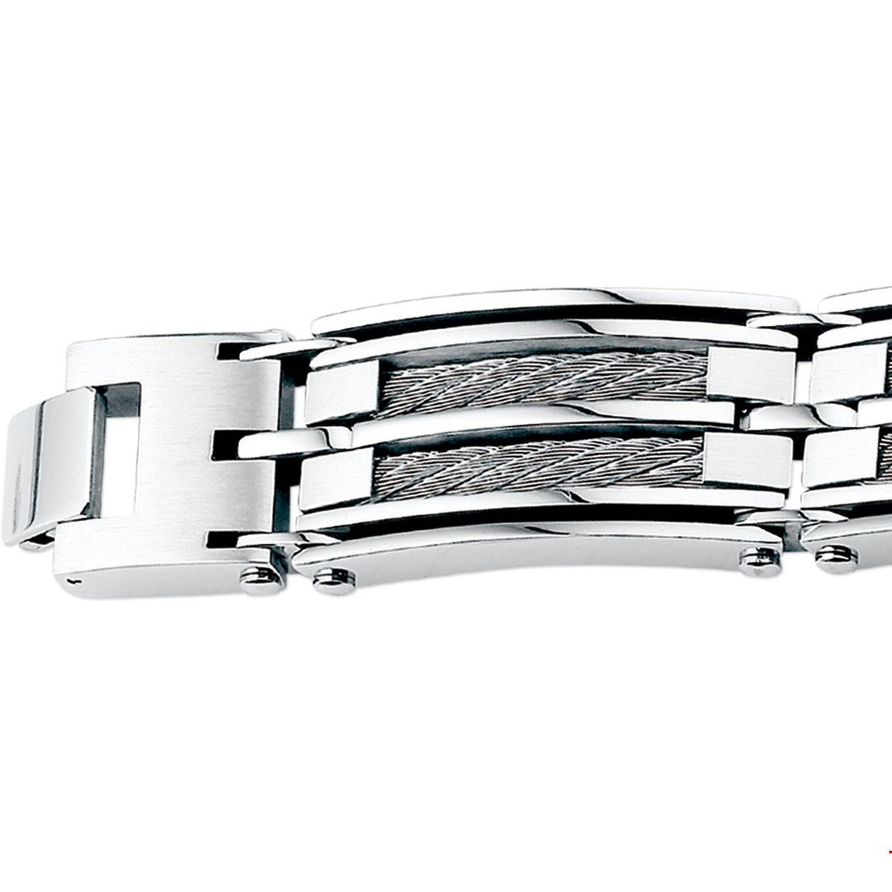 Beschrijving: Stalen armband met staaldraad en een poli/matte afwerking. 
Doelgroep: heren
Breedte: 21 mm
Langste lengte: 22 cm