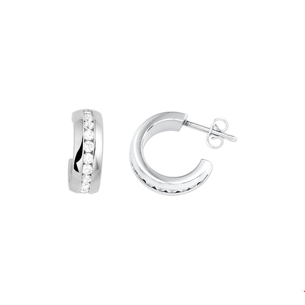 Stalen stekercreolen met zirkonia. 
Breedte: 14.5 mm
Hoogte: 14.5 mm
Zetting: alliance (rail zetting)