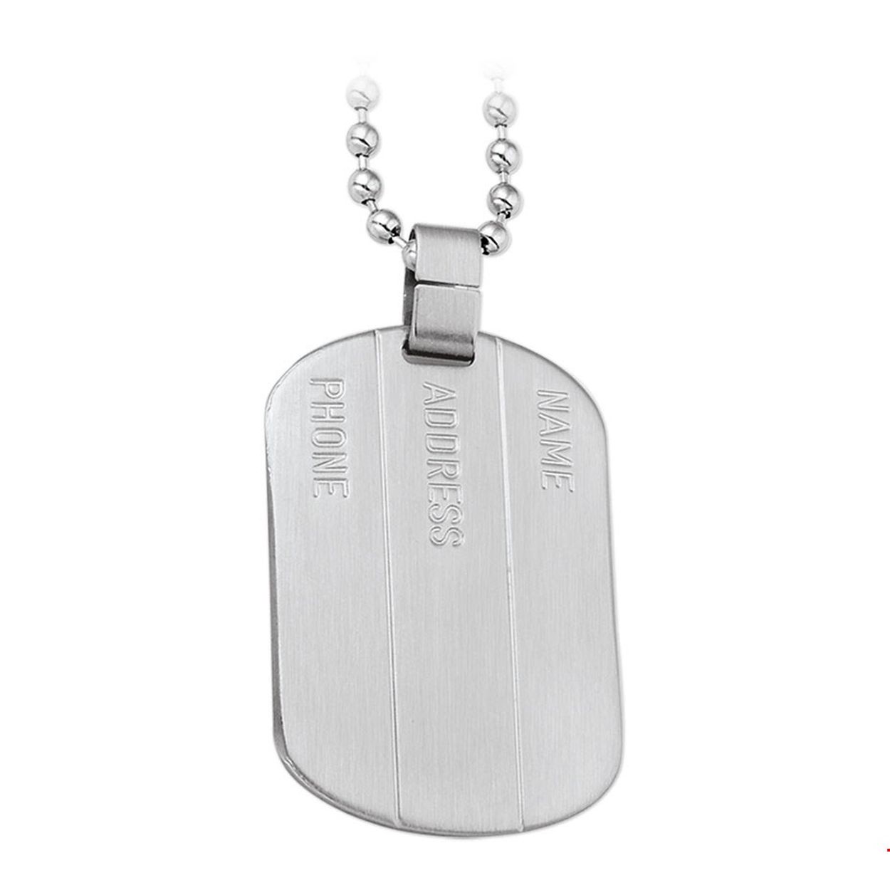Beschrijving: Identiteitsplaatjes zijn vooral bekend geworden door het Amerikaanse leger onder de naam Dog Tags. Bestel nu jouw eigen versie! Details: Stalen collier met dogtag. De schakelbreedte bedraagt 2.4mm. De dogtag hanger is 36mm hoog en 24mm breed. 
Verpakt per: 1
Doelgroep: heren
Breedte: 24 mm
Langste lengte: 50 mm
Hoogte: 36 mm