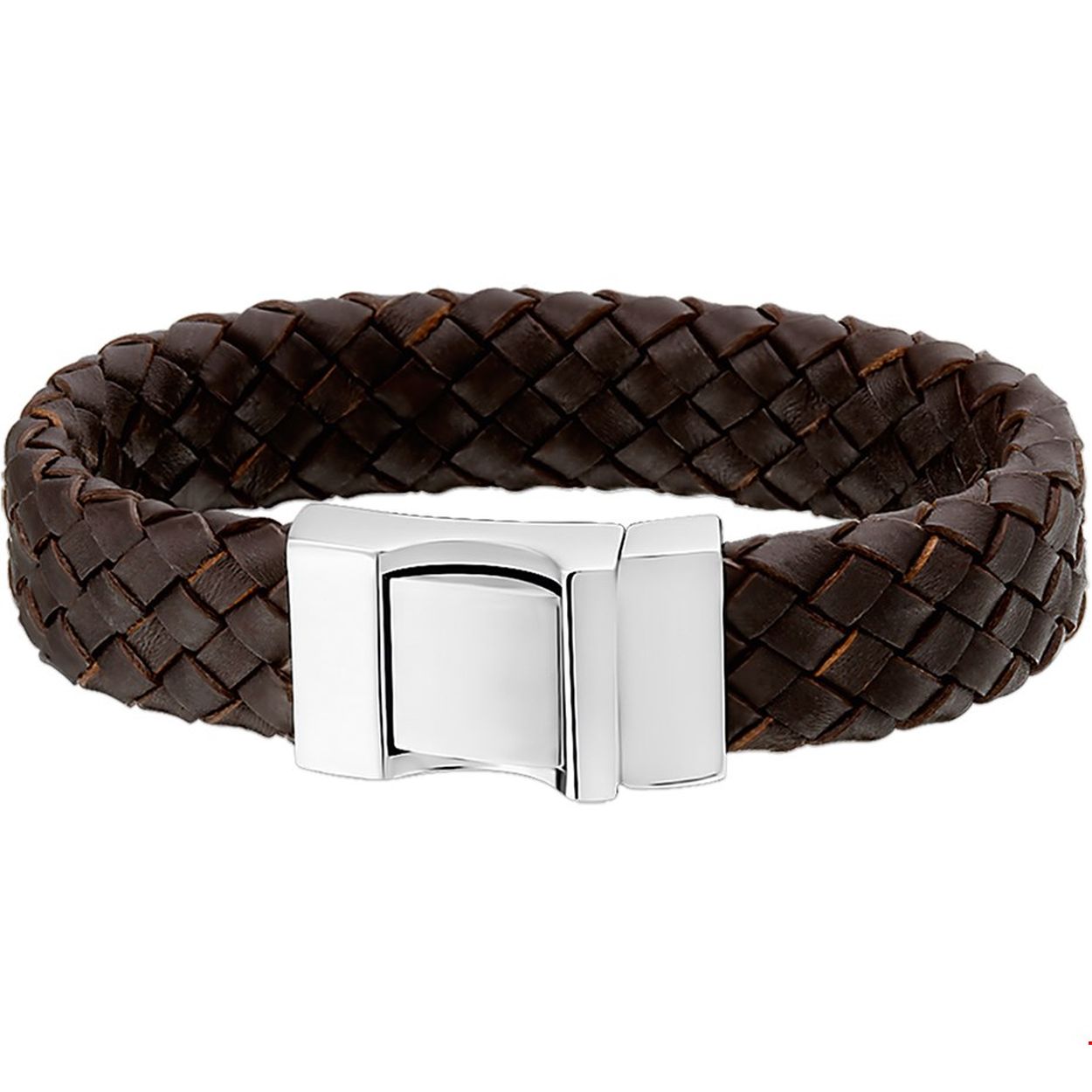 Leren armbanden zijn echte musthaves voor heren. Stoer bij een casual outfit maar zeker ook bij een net pak! Details: Stalen armband met een gevlochten bruine leren band. 
Verpakt per: 1
Doelgroep: heren
Breedte: 16 mm
Langste lengte: 21 cm