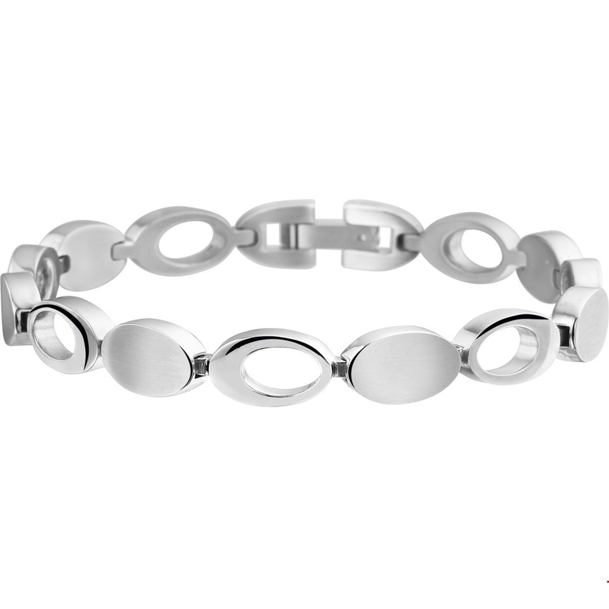 Stalen armband met een poli/matte afwerking.  Bijpassend collier
Breedte: 8 mm
Langste lengte: 19 mm