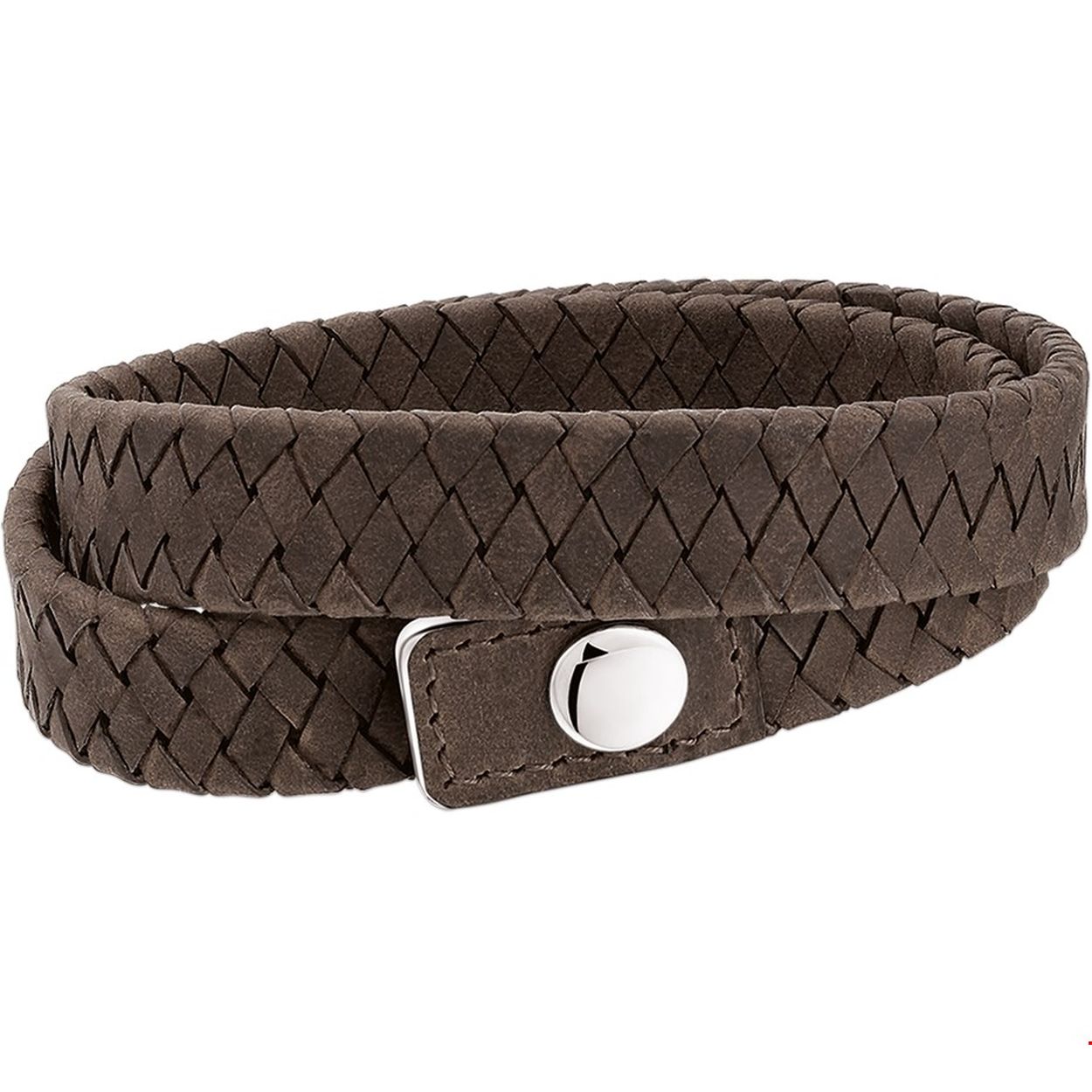 Beschrijving: Stalen armband met donkerbruin gevlochten leer. 
Verpakt per: 1
Doelgroep: heren
Breedte: 15 mm
Kortste lengte: 19 mm
Langste lengte: 21 mm