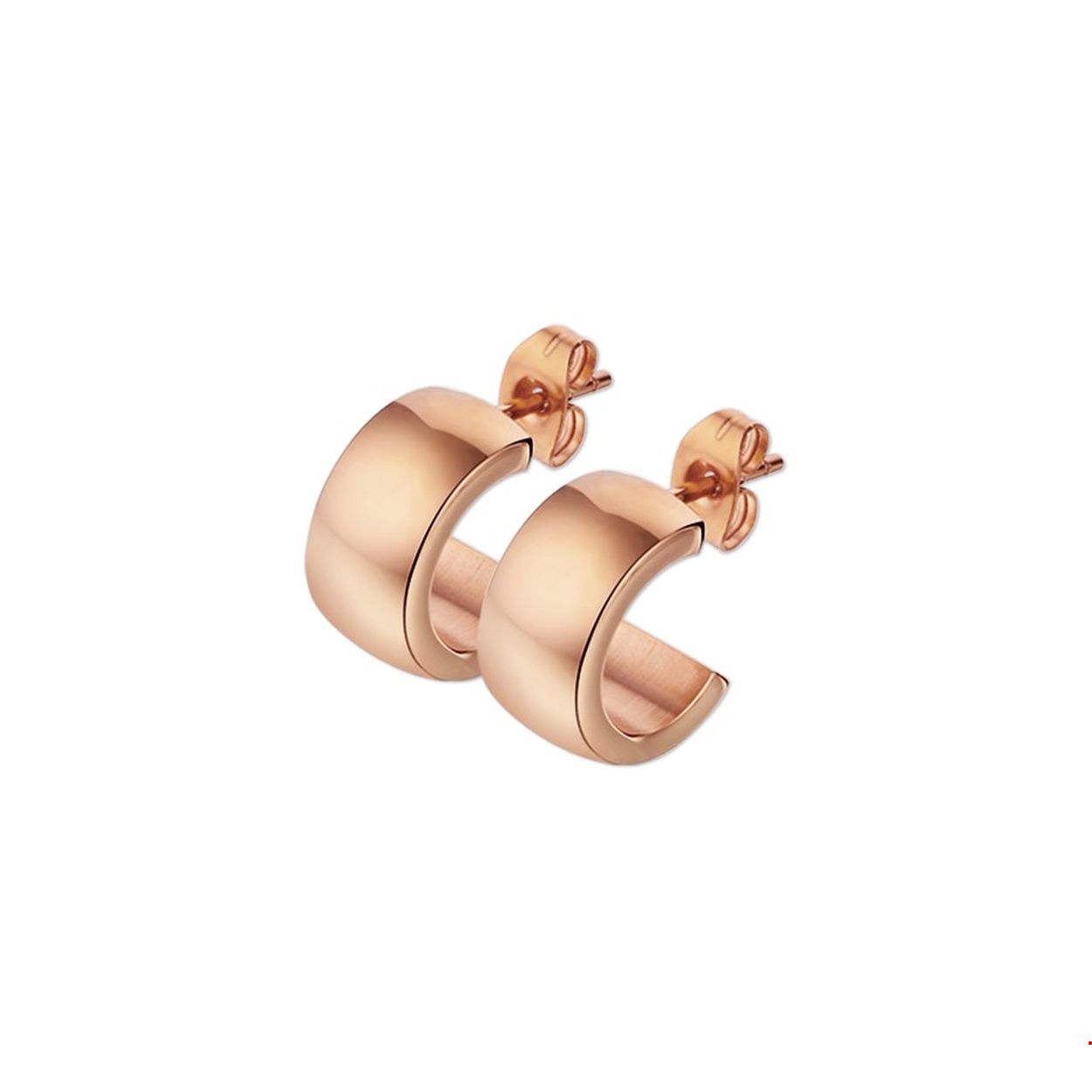Stalen stekercreolen met een poli afwerking. De creolen hebben een roségouden PVD-plating. 
Doelgroep: dames
Breedte: 14 mm
Hoogte: 14 mm