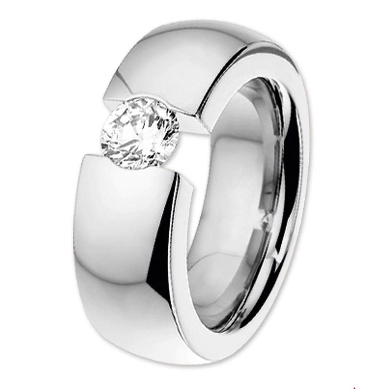Beschrijving: Stalen ring met zirkonia. 
Uniekenummer serie: 27045
Verpakt per: 1
Doelgroep: dames
Ringmaat: 17.75 mm (56)
Breedte: 8 mm
Zetting: solitaire (span zetting)