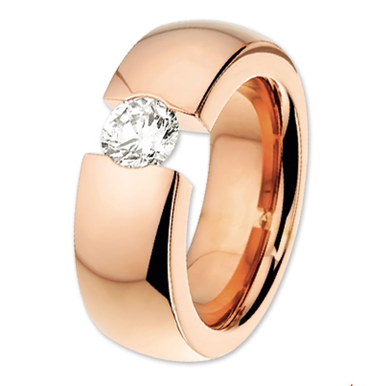 Beschrijving: Stalen ring met zirkonia. De ring heeft een rosegouden PVD-plating. 
Uniekenummer serie: 27049
Verpakt per: 1
Doelgroep: dames
Ringmaat: 16.50 mm (52)
Breedte: 8 mm
Zetting: solitaire (span zetting)