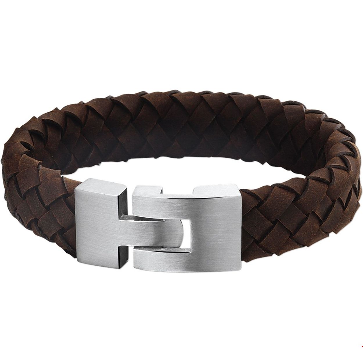 Leren armbanden zijn echte musthaves voor heren. Stoer bij een casual outfit, maar zeker ook bij een net pak! Details: Stalen armband met gevlochten donkerbruin leer en een matte sluiting. 
Uniekenummer serie: 27311
Doelgroep: heren
Breedte: 15 mm
Langste lengte: 20 cm