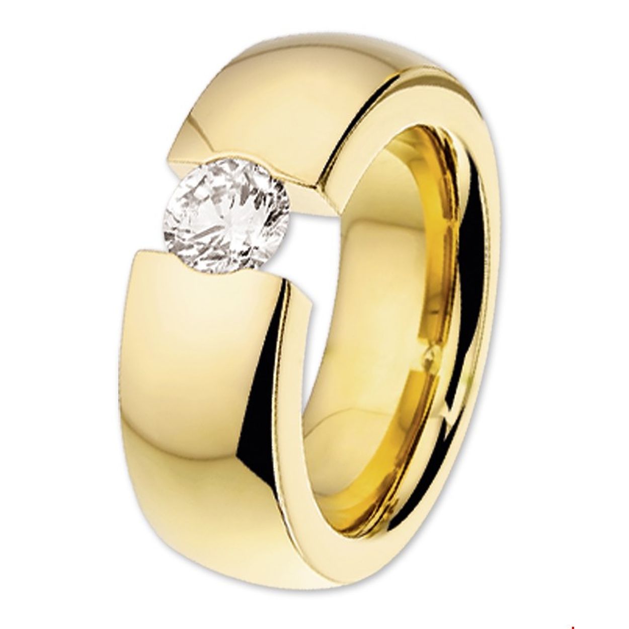 Beschrijving: Stalen ring met zirkonia. De ring heeft een geelgouden PVD-plating. 
Uniekenummer serie: 27047
Verpakt per: 1
Doelgroep: dames
Ringmaat: 17.25 mm (54)
Breedte: 8 mm
Zetting: solitaire (span zetting)