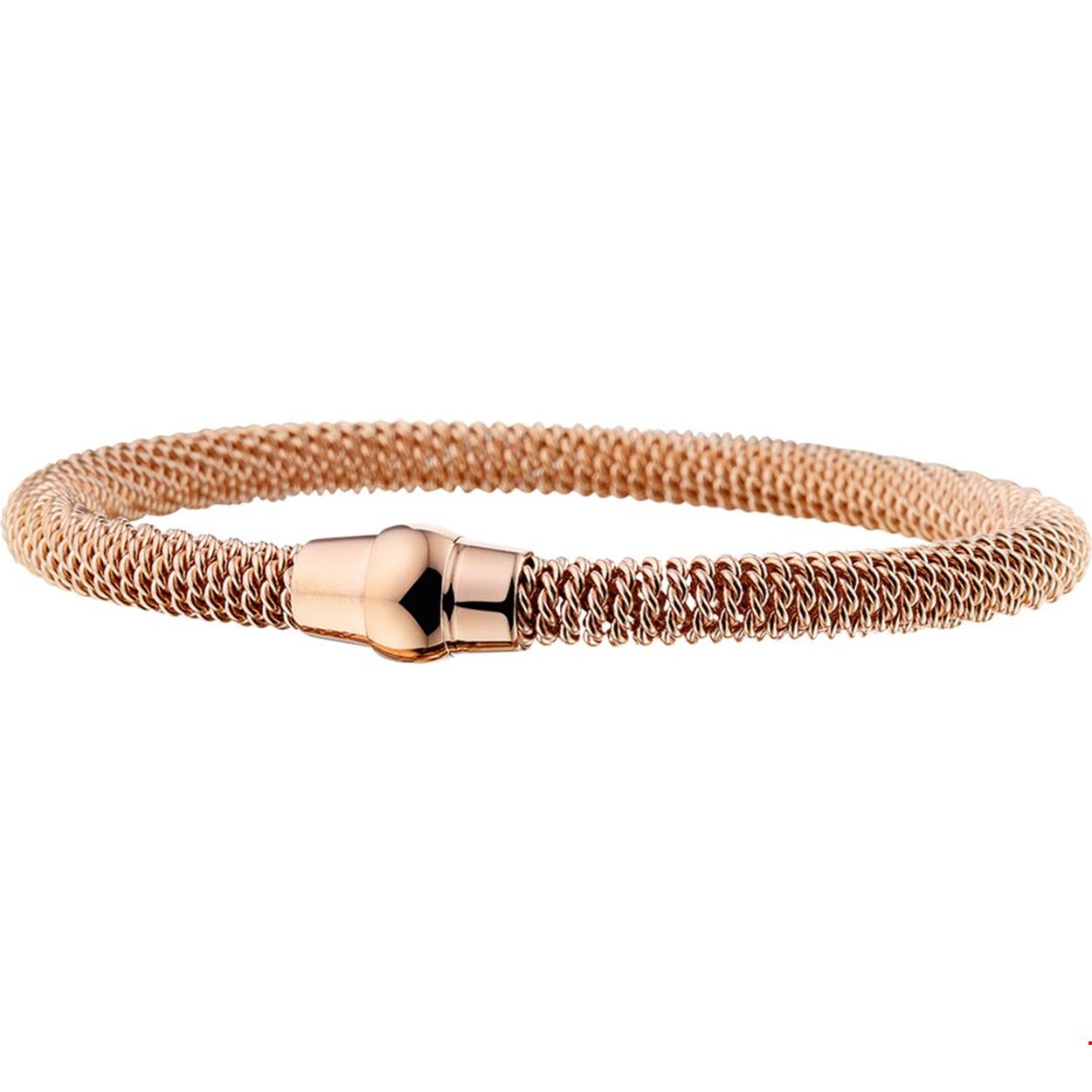 Beschrijving: Deze stalen armband met magneetsluiting is de perfecte aanvulling op jouw armcandy. De rosegouden plating is helemaal van nu. Door de bewerking past hij heel leuk tussen andere bandjes of combineer hem eens naast je horloge. Details: Stalen armband met magneetsluiting en een rosegouden PVD-plating. 
Verpakt per: 1
Doelgroep: dames
Breedte: 5.5 mm
Langste lengte: 19.5 mm