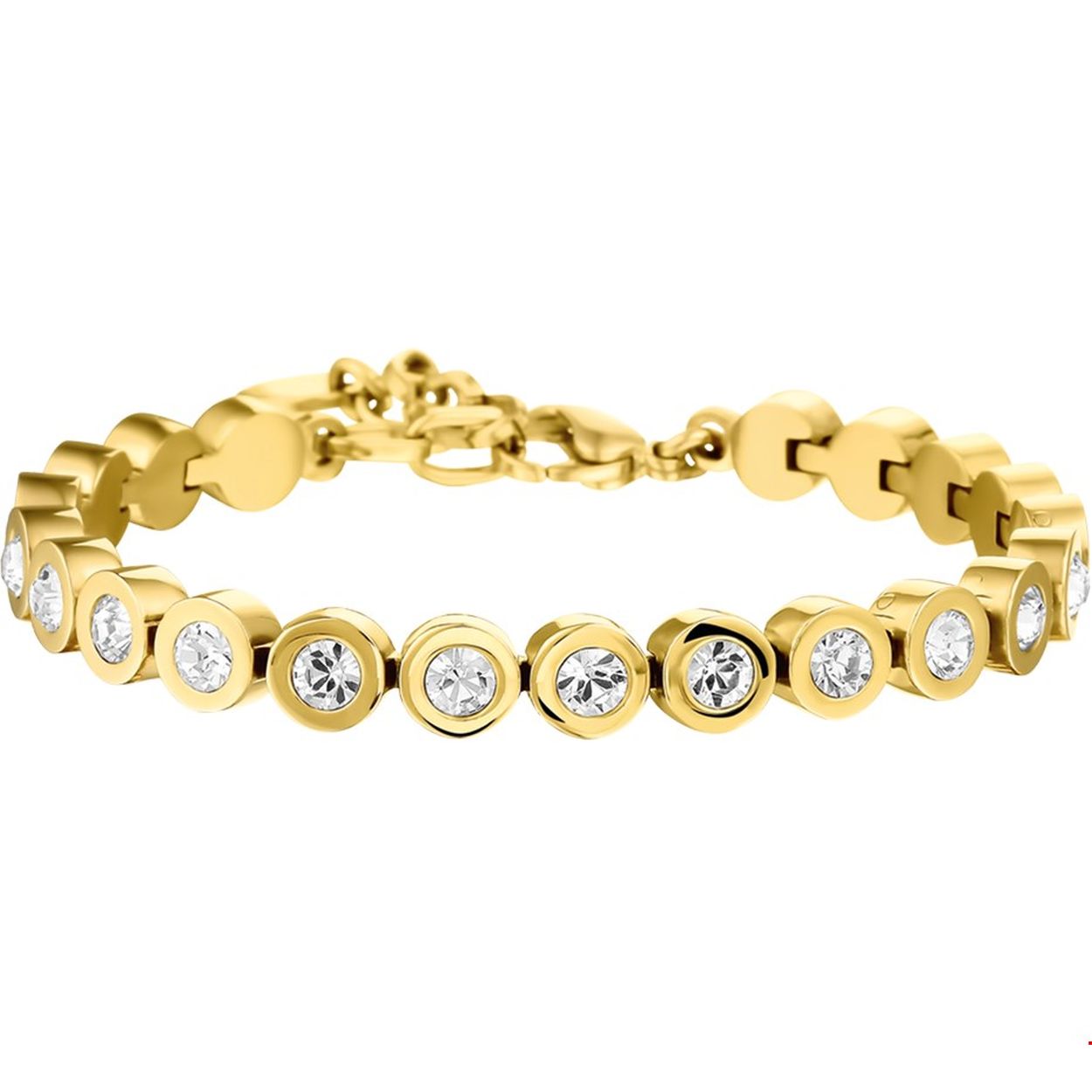 Beschrijving: Stalen armband met strass stenen. De armband heeft een geelgouden PVD-plating. De lengte van de armband bedraagt 17cm met 3cm extensie. 
Verpakt per: 1
Doelgroep: dames
Breedte: 7 mm
Kortste lengte: 17 mm
Langste lengte: 20 mm