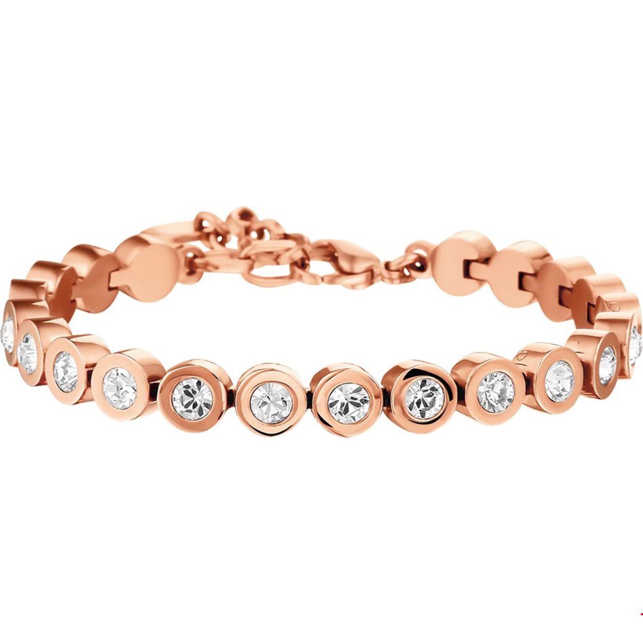 Beschrijving: Stalen armband met strass stenen. De armband heeft een rosegouden PVD-plating. De lengte van de armband bedraagt 17cm met 3cm extensie. 
Verpakt per: 1
Doelgroep: dames
Breedte: 7 mm
Kortste lengte: 17 mm
Langste lengte: 20 mm