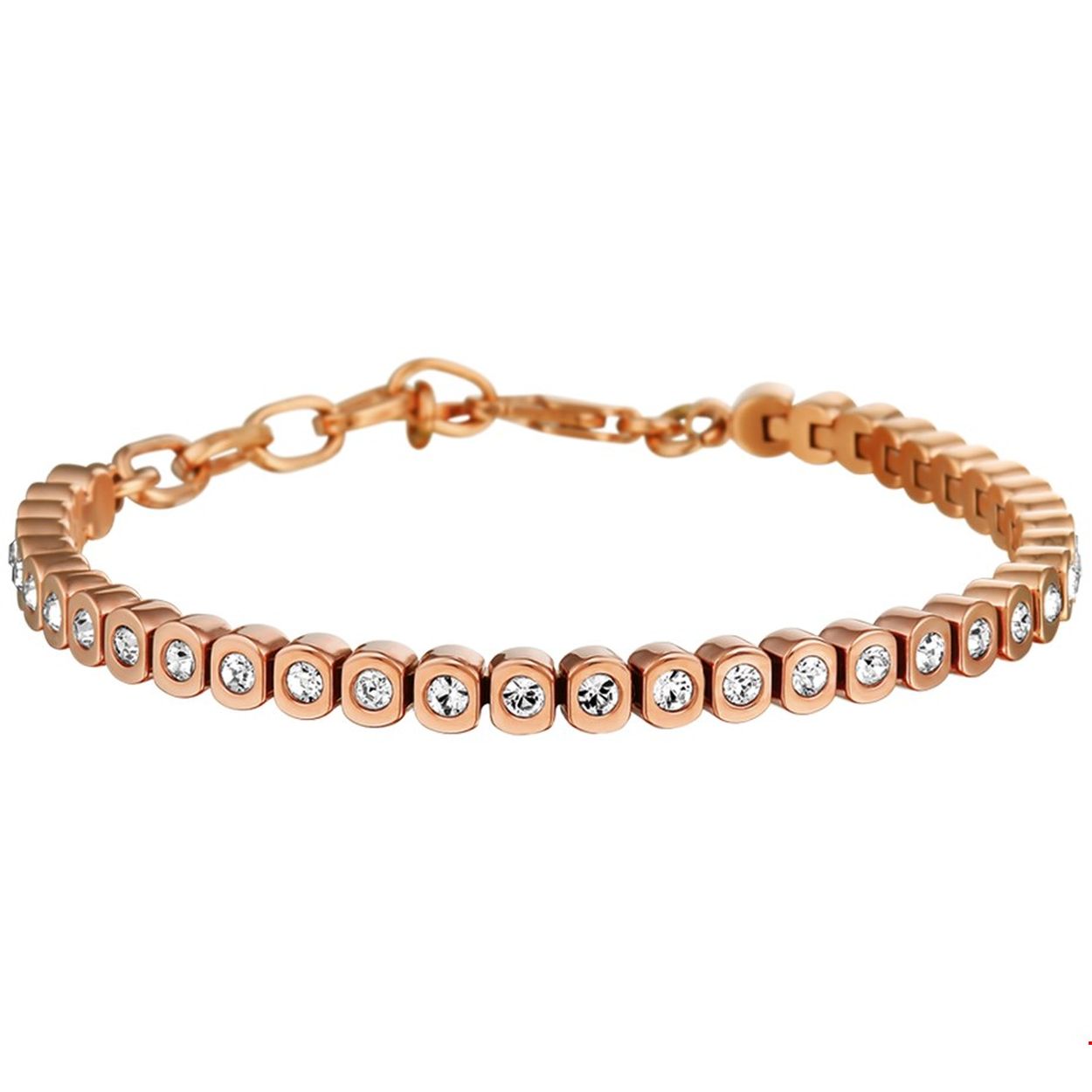 Beschrijving: Stalen armband met strass stenen. De armband heeft een rosegouden PVD-plating. De lengte van de armband bedraagt 17.5cm met 4cm extensie. 
Verpakt per: 1
Doelgroep: dames
Breedte: 5 mm
Kortste lengte: 17.5 mm
Langste lengte: 21.5 mm