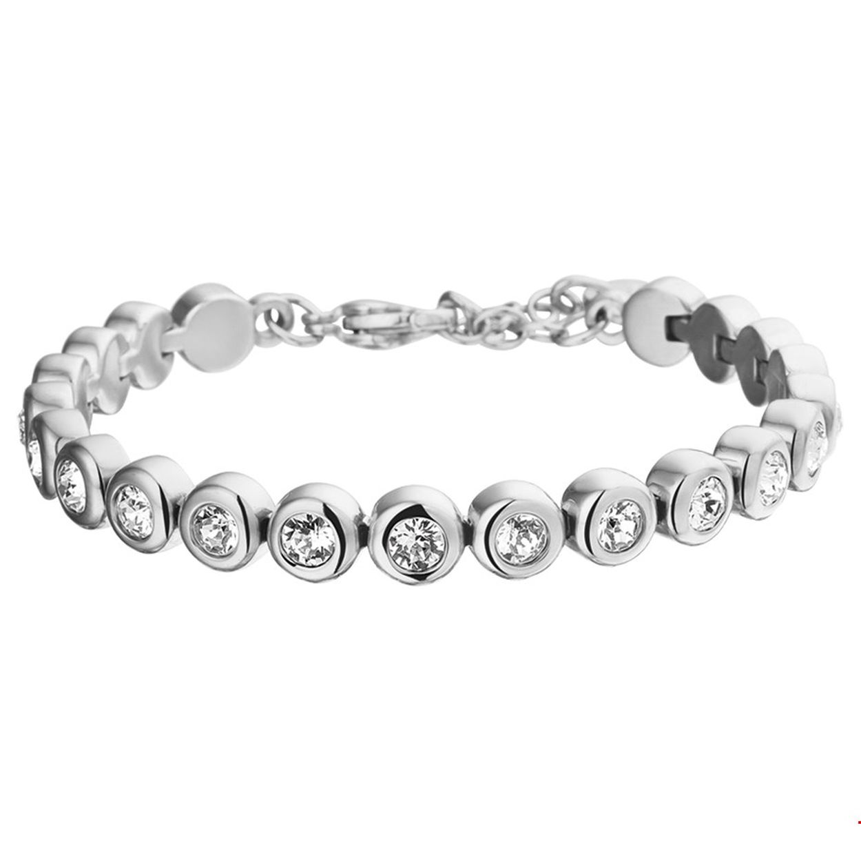 Beschrijving: Stalen armband met strass stenen. De lengte van de armband bedraagt 17cm met 3cm extensie.