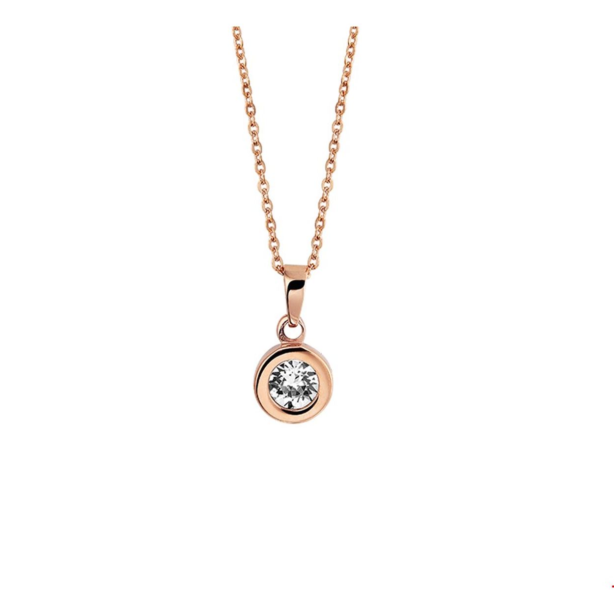Beschrijving: Stalen collier met een strass steen. Het collier heeft een rosegouden PVD-plating. De lengte van het collier bedraagt 40cm met 5cm extensie. De schakelbreedte bedraagt 1.5mm. 
Verpakt per: 1
Doelgroep: dames
Breedte: 1.5 mm
Kortste lengte: 40 mm
Langste lengte: 45 mm