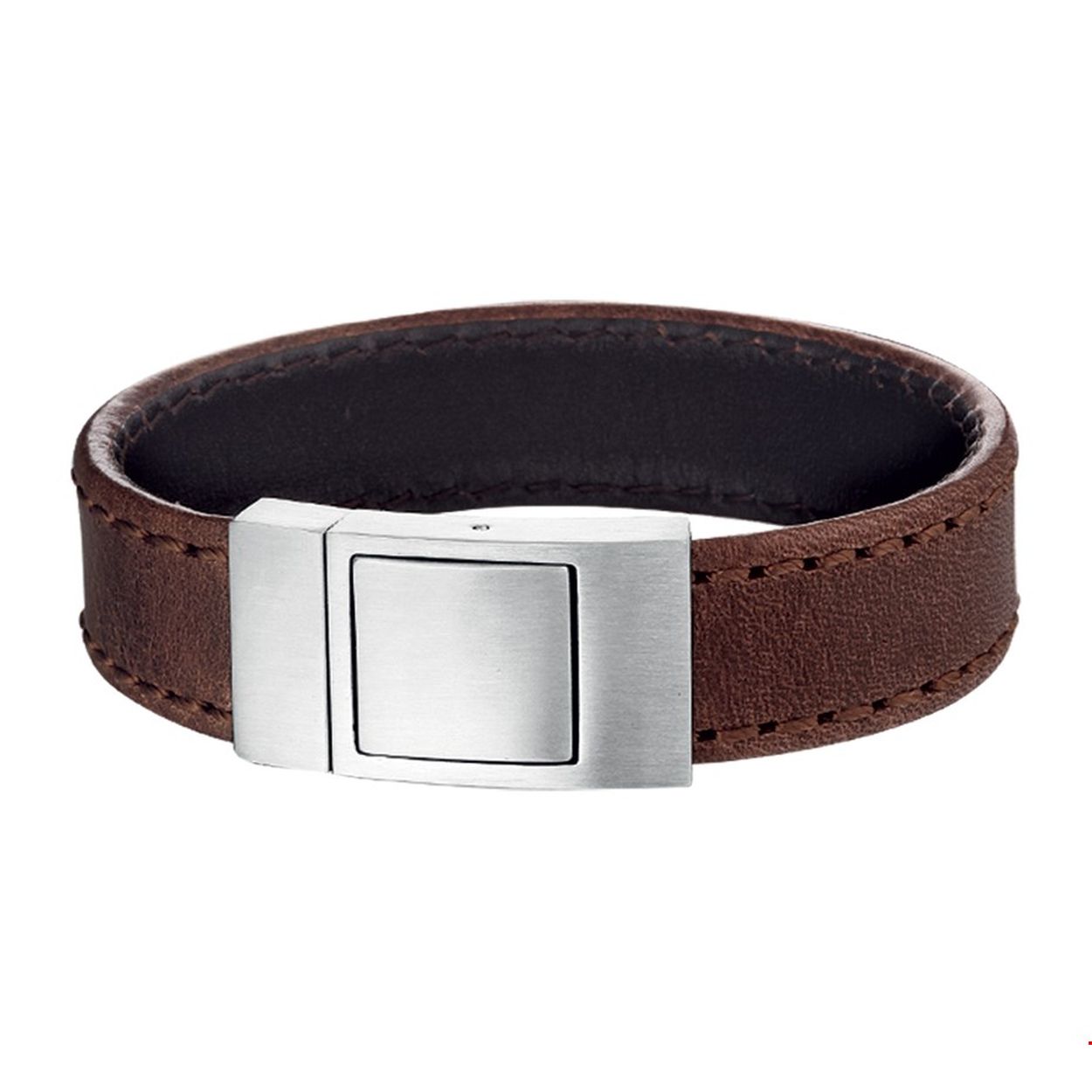 Stalen armband met bruin leer. 
Uniekenummer serie: 31469
Doelgroep: heren
Breedte: 18 mm
Langste lengte: 21 mm