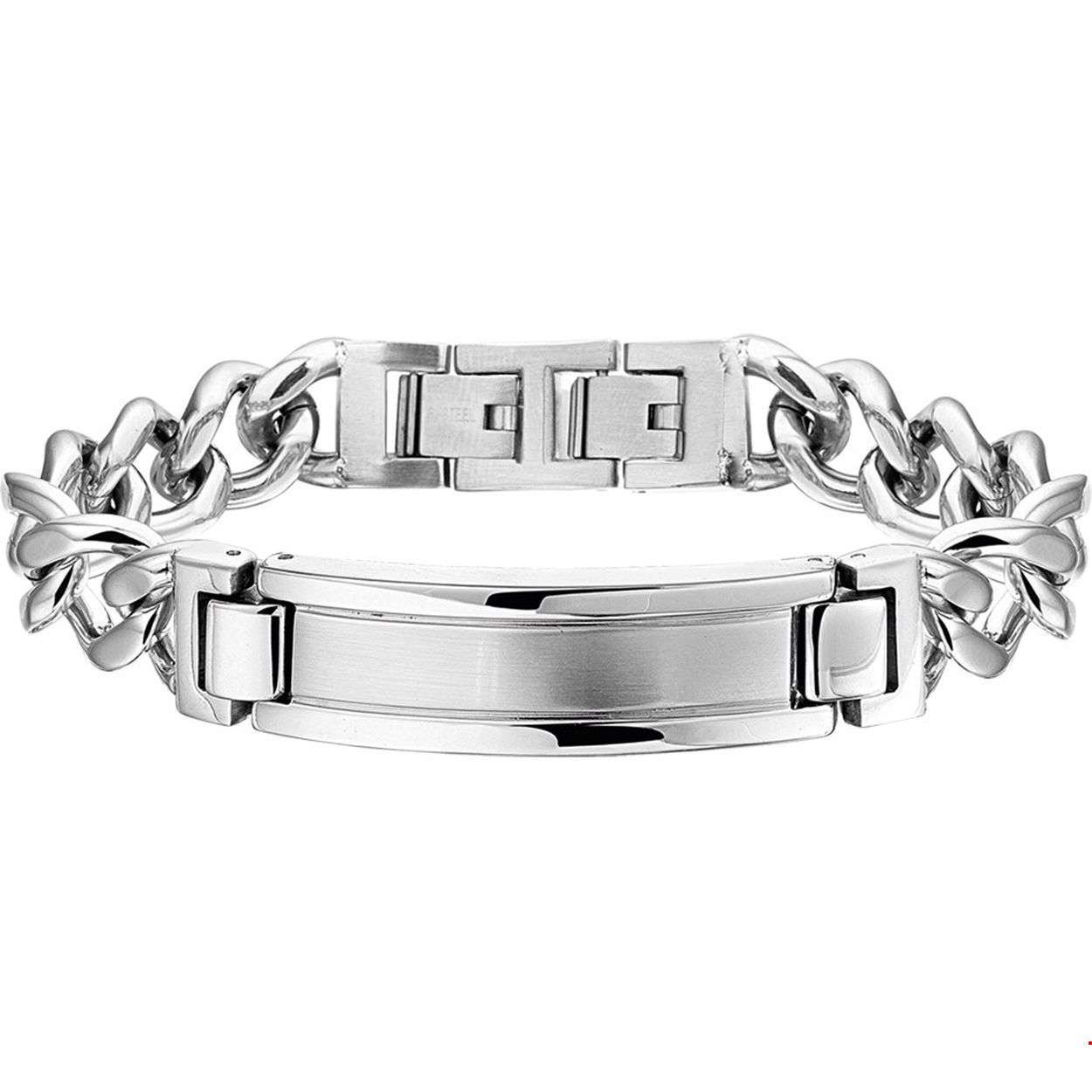 Beschrijving: Stalen graveerarmband met een poli/matte afwerking. De lengte van de armband bedraagt 21.5cm met 1.5cm extensie. 
Doelgroep: heren
Breedte: 12 mm
Kortste lengte: 21.5 cm
Langste lengte: 23 cm