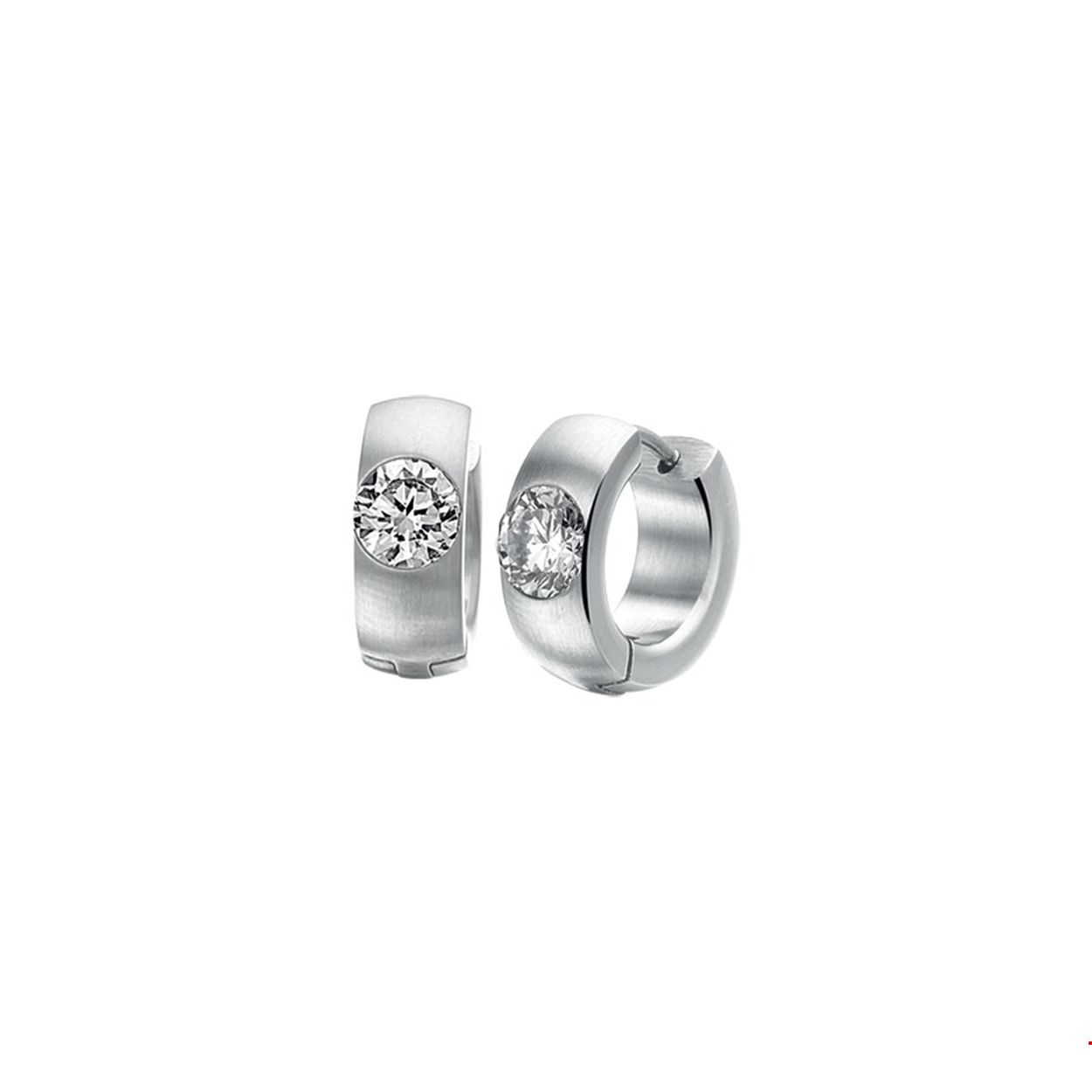 Beschrijving: Stalen klapcreolen met zirkonia en een poli/matte afwerking. 
Verpakt per: 1
Doelgroep: dames
Breedte: 6 mm
Zetting: solitaire