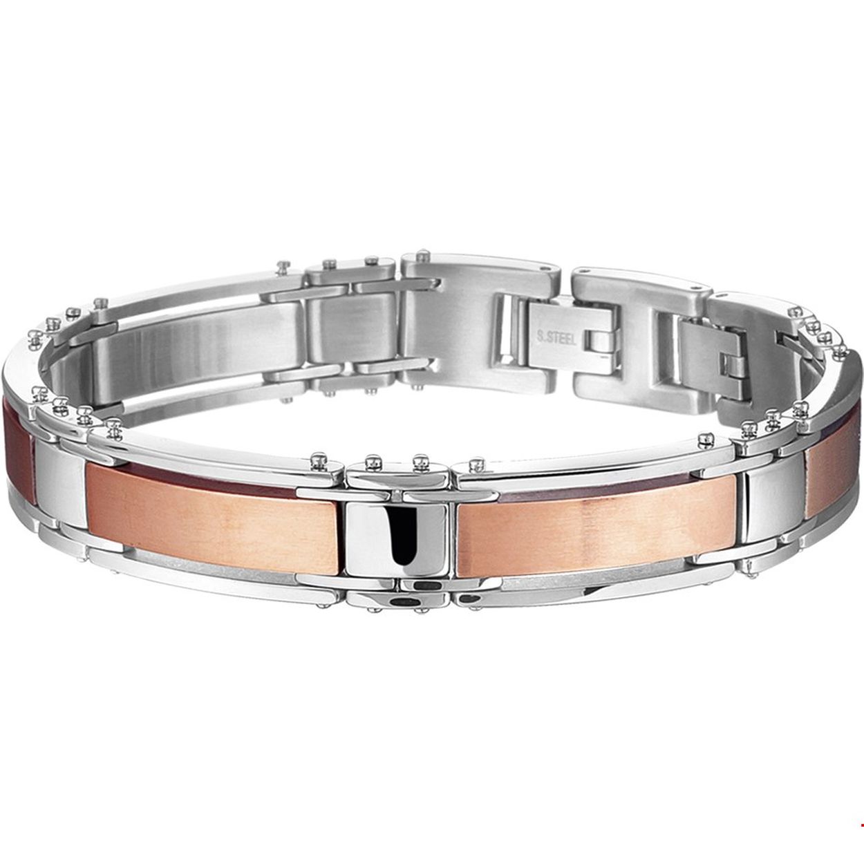 Beschrijving: Stalen armband met een rosegouden PVD-plating. De lengte bedraagt 19.5cm met 1.5cm extensie. 
Verpakt per: 1
Doelgroep: heren
Breedte: 11 mm
Kortste lengte: 19.5 cm
Langste lengte: 21 cm