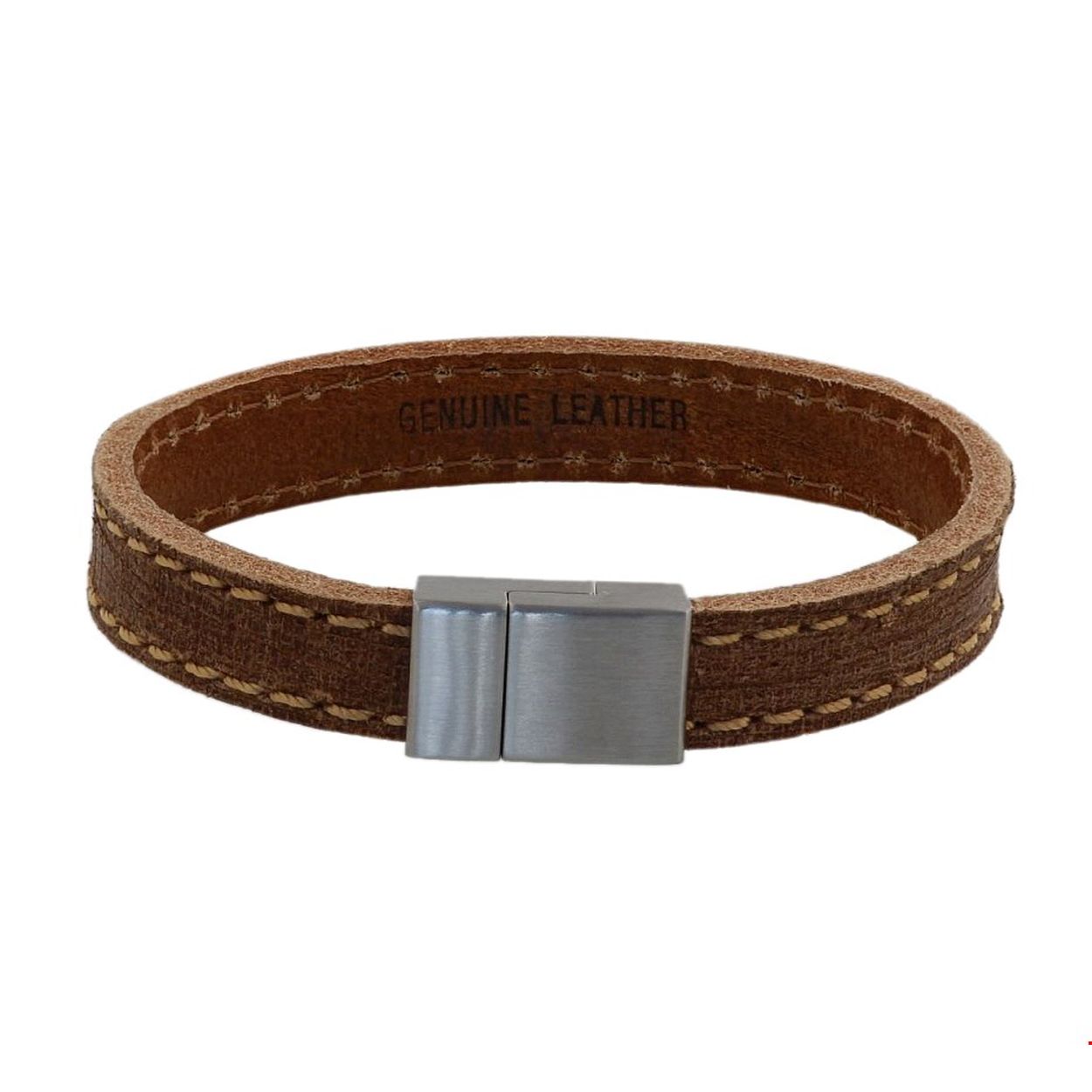 Stalen armband met lichtbruin leer.
Doelgroep: heren
Breedte: 12 mm
Langste lengte: 21 mm