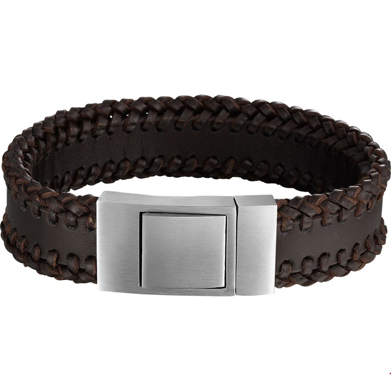 Beschrijving: Stalen armband met gevlochten bruin leer. 
Doelgroep: heren
Breedte: 17.5 mm
Langste lengte: 21 mm