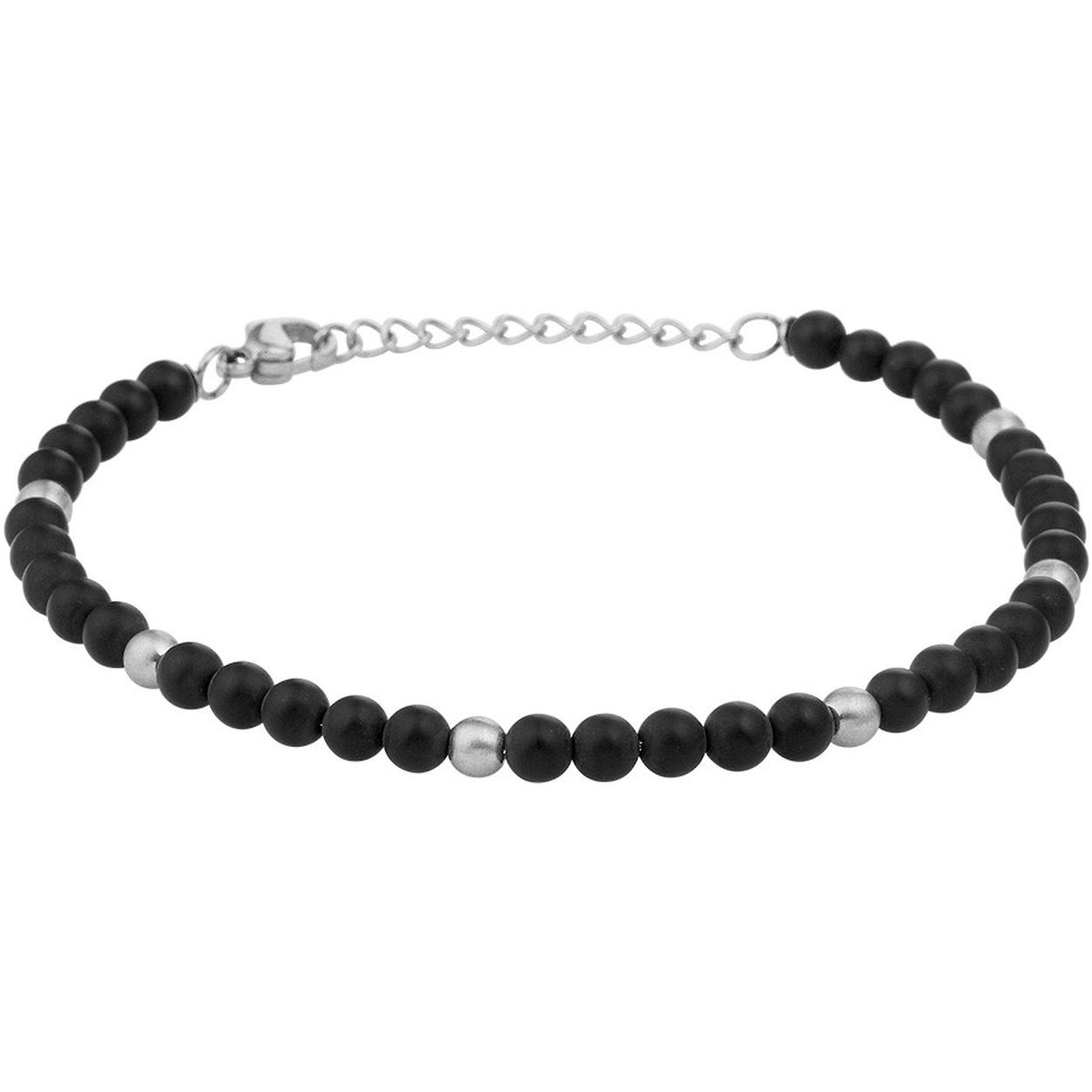 Een stijlvolle stalen armband is onmisbaar om de pols van een man! Zowel casual te dragen als bij een meer zakelijke look. Uitgevoerd met mat afgewerkte elementen en matte onyx stenen. De armband is voorzien van een stevige karabijn sluiting en heeft een draaglengte van 18.5cm met een extensie van 3cm.
Kortste lengte: 18.5 mm Langste lengte: 21.5 mm