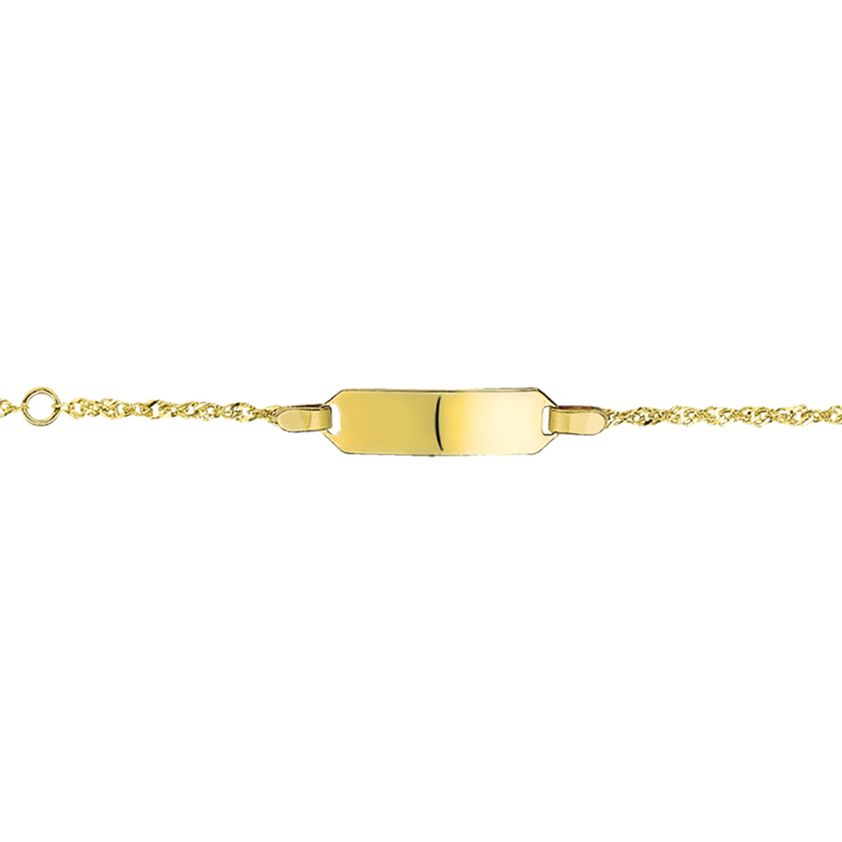 De Gouden plaatarmband - 11cm, modelnummer 8000032, biedt een verfijnde uitstraling met zijn 9-karaats goudkleurige glans en veerring sluiting. Het elegante ontwerp van 5mm hoogte en 17mm breedte past perfect om de pols. Draag deze armband solo voor een subtiele touch of combineer met andere sieraden voor een gelaagde look. Gewicht: 1 gram.
