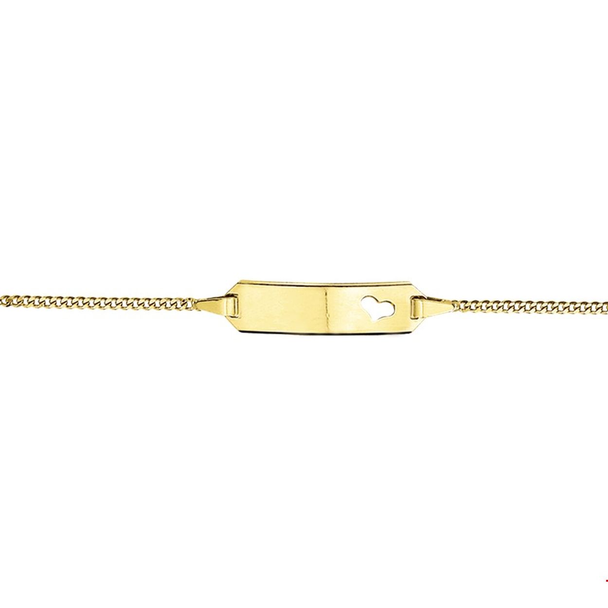 Beschrijving: 9 Krt. graveerarmband met een poli afwerking en een gestanst hartje. De lengte van de armband bedraagt 11cm met 2cm extensie.
Uniekenummer serie: 27270
Verpakt per: 1
Doelgroep: kinderen
Breedte: 20 mm
Kortste lengte: 11 mm
Langste lengte: 13 mm
Hoogte: 5 mm