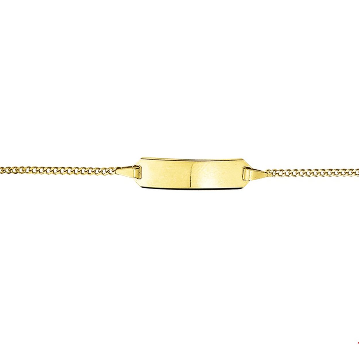 Beschrijving: 9 Krt. graveerarmband met een poli afwerking. De lengte van de armband bedraagt 9cm met 2cm extensie. 
Doelgroep: kinderen
Breedte: 20 mm
Kortste lengte: 9 cm
Langste lengte: 11 cm
Hoogte: 5 mm