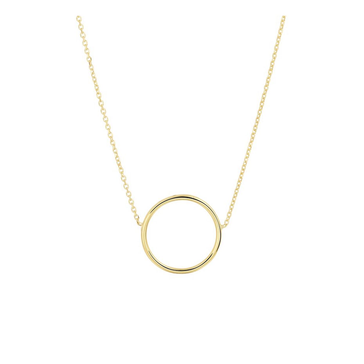 9k Geelgouden collier uitgevoerd met een hangertje in de vorm van een rondje. Het collier heeft draaglengtes van 42 en 45cm. Het rondje heeft een diameter van 16.5mm.