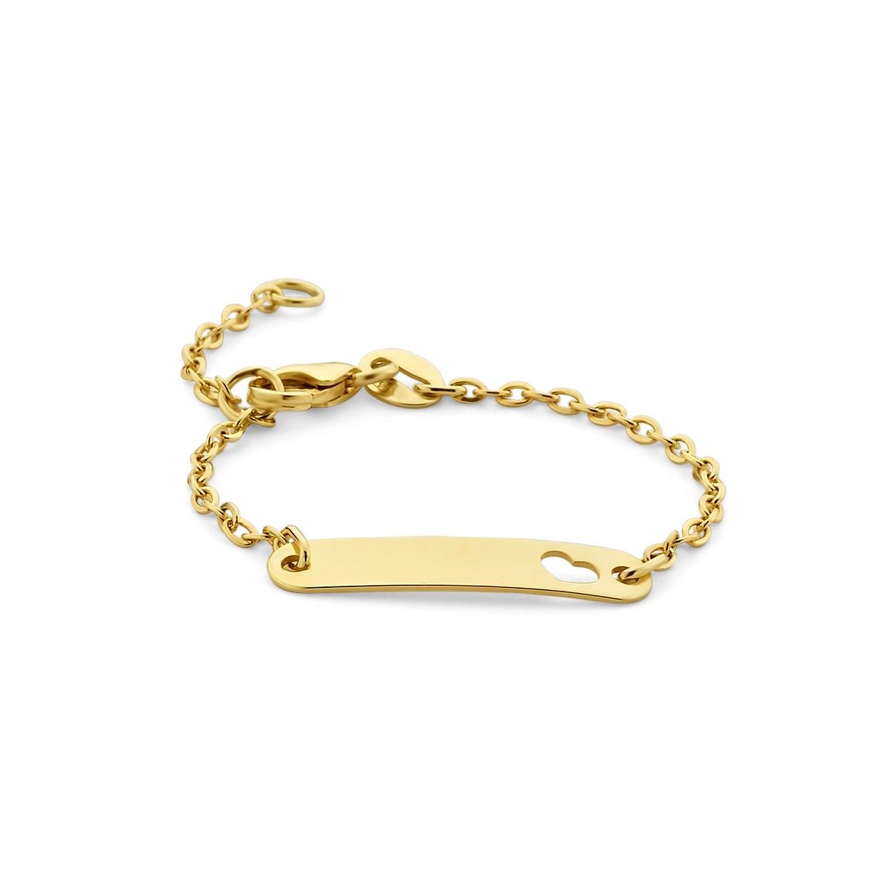9k Geelgouden graveerarmband uitgevoerd met een hartje en een stevige karabijn sluiting. De armband heeft draaglengtes van 9 tot 11cm. Het graveerplaatje heeft een afmeting van 4x20mm.