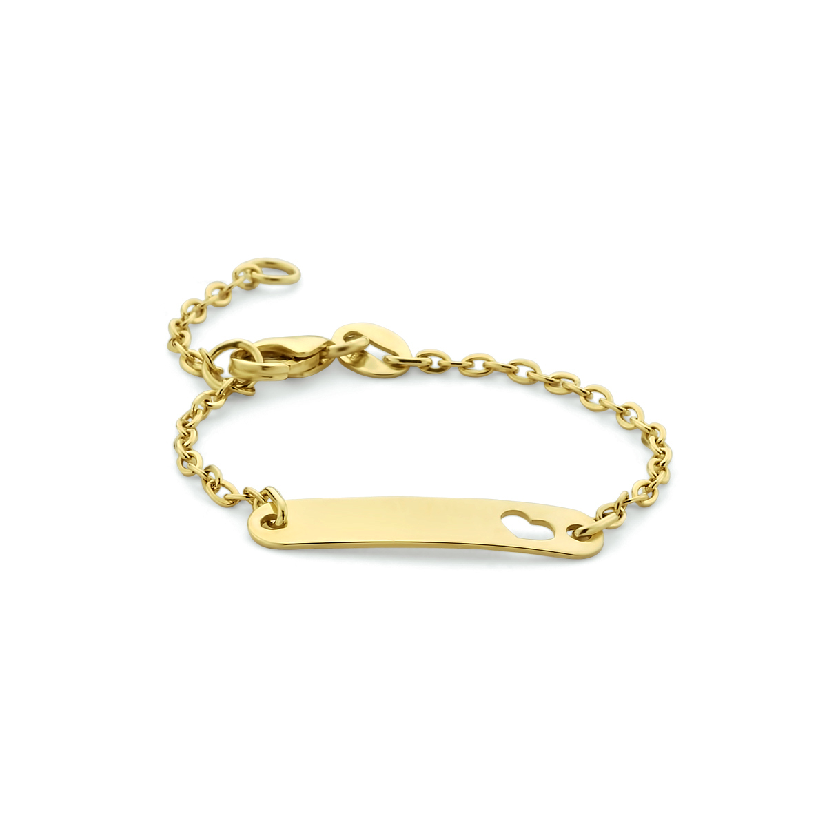 9k Geelgouden graveerarmband uitgevoerd met een hartje en een stevige karabijn sluiting. Het graveerplaatje heeft een afmeting van 4x20mm.