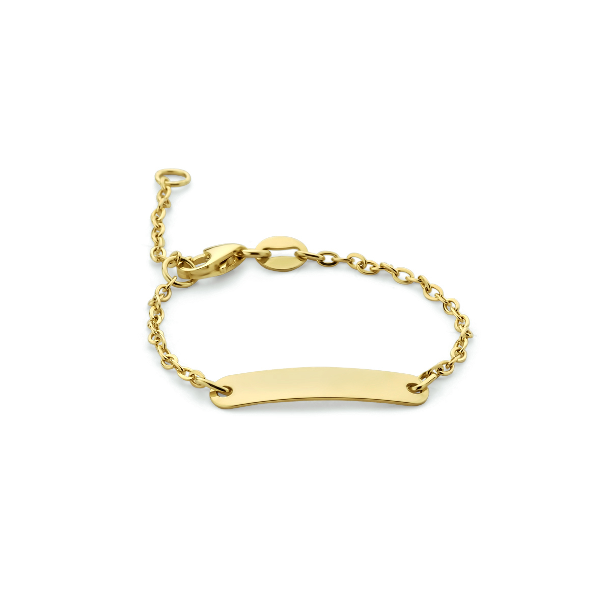9k Geelgouden graveerarmband uitgevoerd met een graveerplaatje van 4x20mm. De armband heeft een stevige karabijn sluiting.
lengte: 9-11 cm