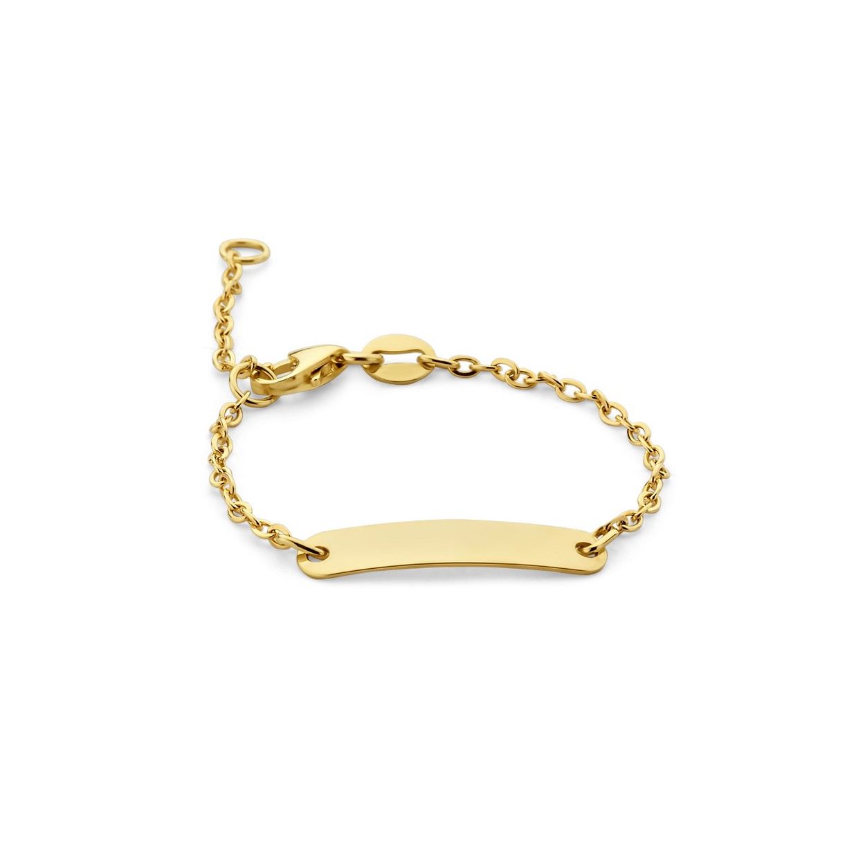 9k Geelgouden graveerarmband uitgevoerd met een graveerplaatje van 4x20mm. De armband heeft draaglengtes van 11 tot 13cm en een stevige karabijn sluiting.