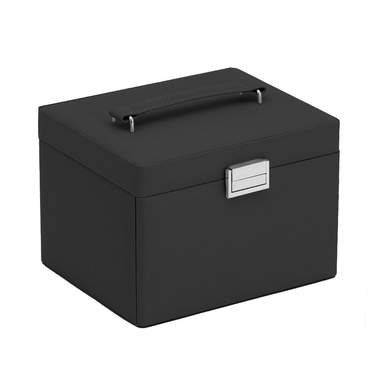 Luxe sieradenbox in de kleur zwart uitgevoerd met stevige scharnieren, magnetische sluiting en een klein spiegeltje. De doos heeft 2 lades en vakjes in verschillende groottes. Een compacte box om verschillende sieraden in op te bergen.
