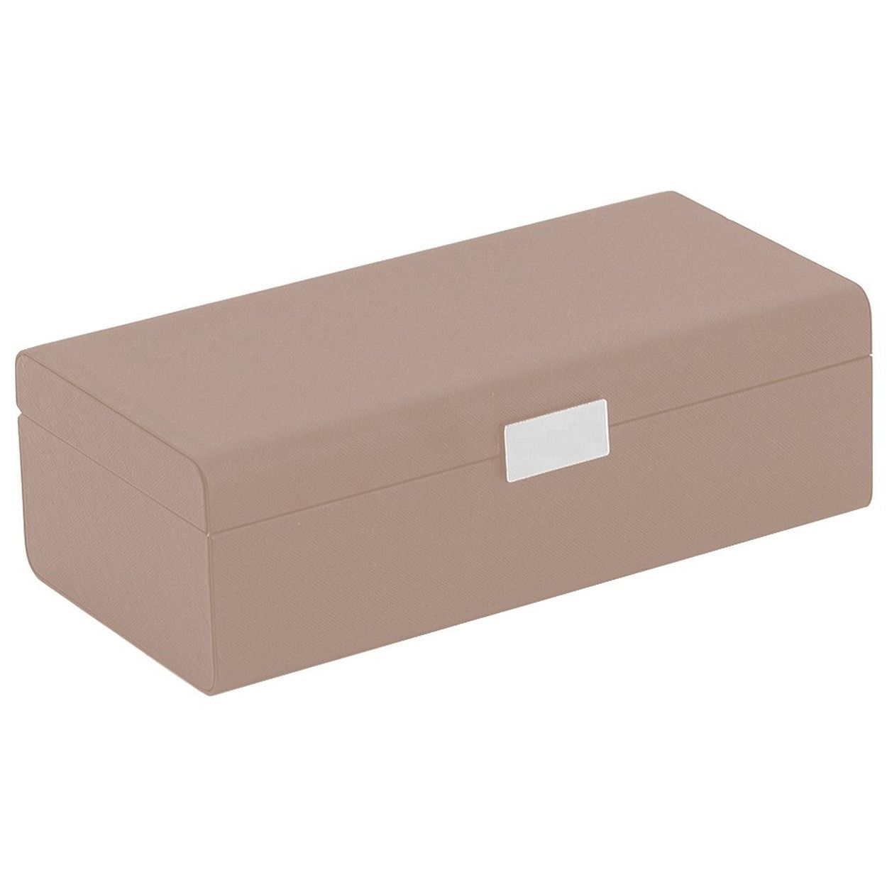 Luxe sieradenbox in de kleur beige uitgevoerd met stevige scharnieren, magnetische sluiting en een klein spiegeltje. De doos heeft een uitneembaar vak met vakjes in verschillende groottes. Een compacte box om verschillende sieraden in op te bergen.