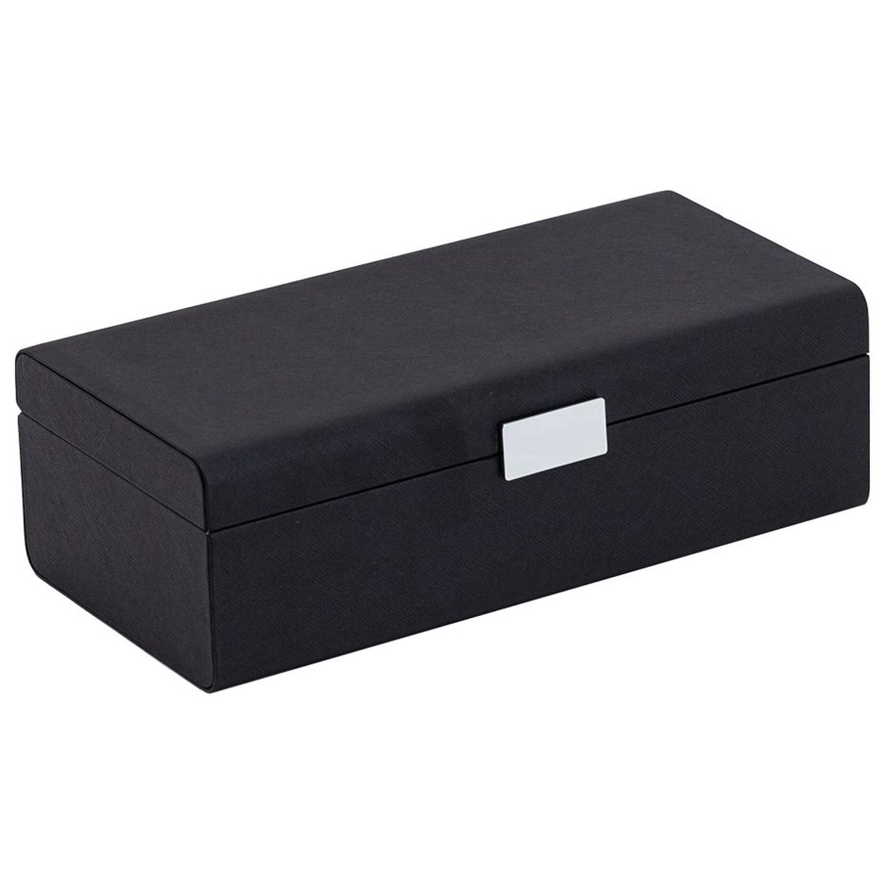 Luxe sieradenbox in de kleur zwart uitgevoerd met stevige scharnieren, magnetische sluiting en een klein spiegeltje. De doos heeft een uitneembaar vak met vakjes in verschillende groottes. Een compacte box om verschillende sieraden in op te bergen.