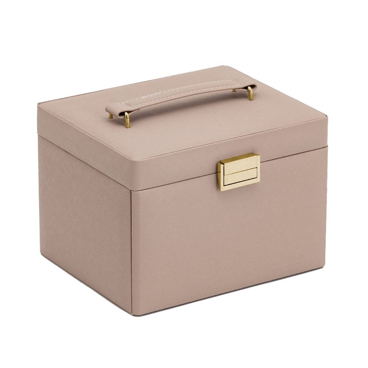 Luxe sieradenbox in de kleur beige uitgevoerd met stevige scharnieren, magnetische sluiting, goudkleurige elementen en een klein spiegeltje. De doos heeft 2 lades en vakjes in verschillende groottes. Een compacte box om verschillende sieraden in op te bergen.