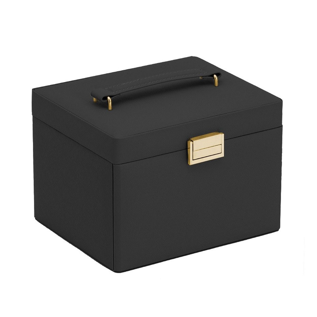 Luxe sieradenbox in de kleur zwart uitgevoerd met stevige scharnieren, magnetische sluiting, goudkleurige elementen en een klein spiegeltje. De doos heeft 2 lades en vakjes in verschillende groottes. Een compacte box om verschillende sieraden in op te bergen.