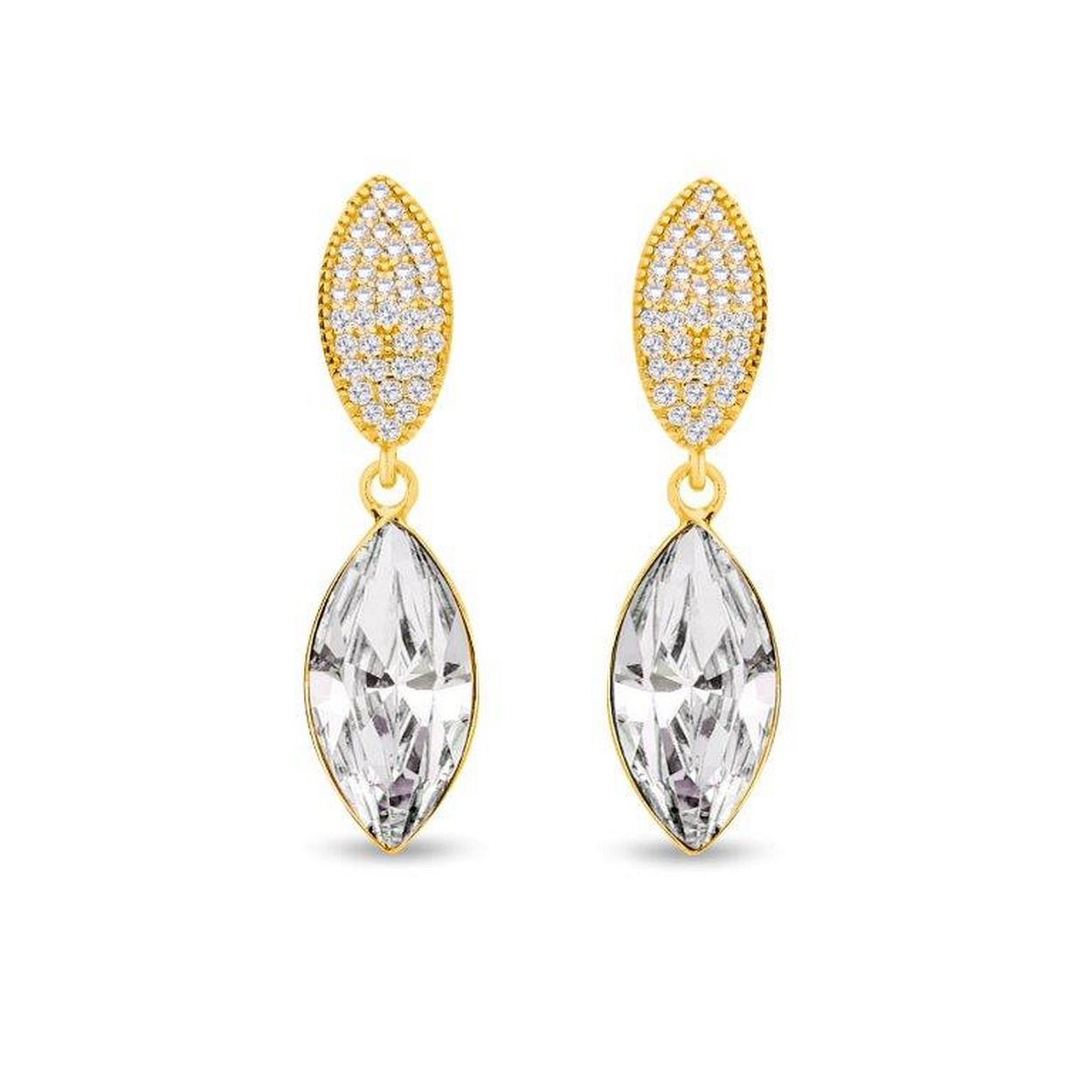 Zilveren oorbellen met Swarovski kristallen. Deze oorbellen zijn van de 'Thalia' serie zijn gezet met transparante kristallen. De oorbellen zijn gemaakt van echt zilver, en voorzien van een goudkleurige coating.

De lengte van de oorbellen is: 30 mm.