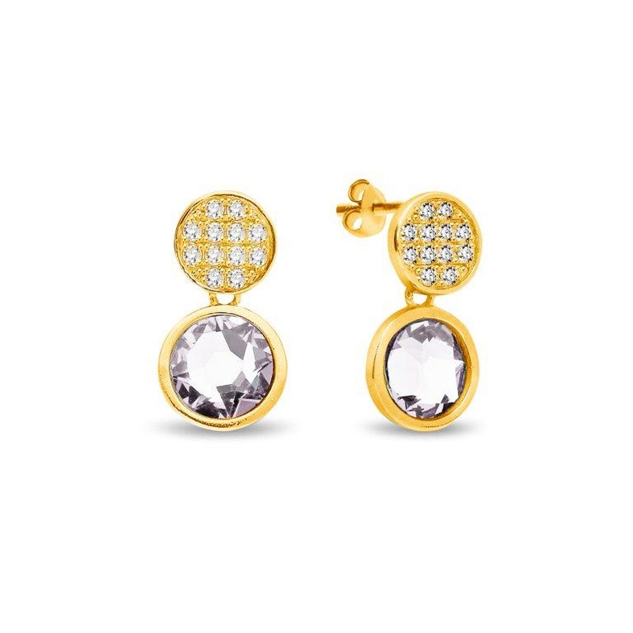 Zilveren oorbellen met Swarovski kristallen. Deze oorbellen zijn van de 'Pear Drop' serie zijn gezet met transparante kristallen. De oorbellen zijn gemaakt van echt zilver, en voorzien van een goudkleurige coating.