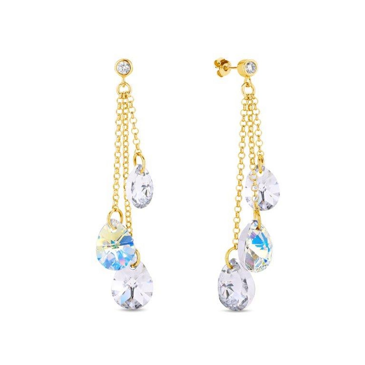 Zilveren oorbellen met Swarovski kristallen. Deze oorbellen zijn van de 'Droplets' serie zijn gezet met meerdere kristallen. De oorbellen zijn gemaakt van echt zilver, en voorzien van een goudkleurige coating.
De lengte van de oorbellen is: 39 mm.