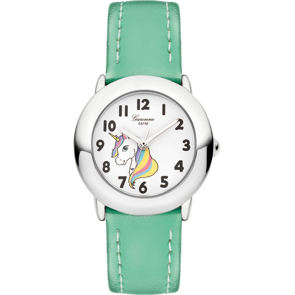 garonne kinderhorloge met turquoise kleur leren band en een eenhoorn op de wijzerplaat.